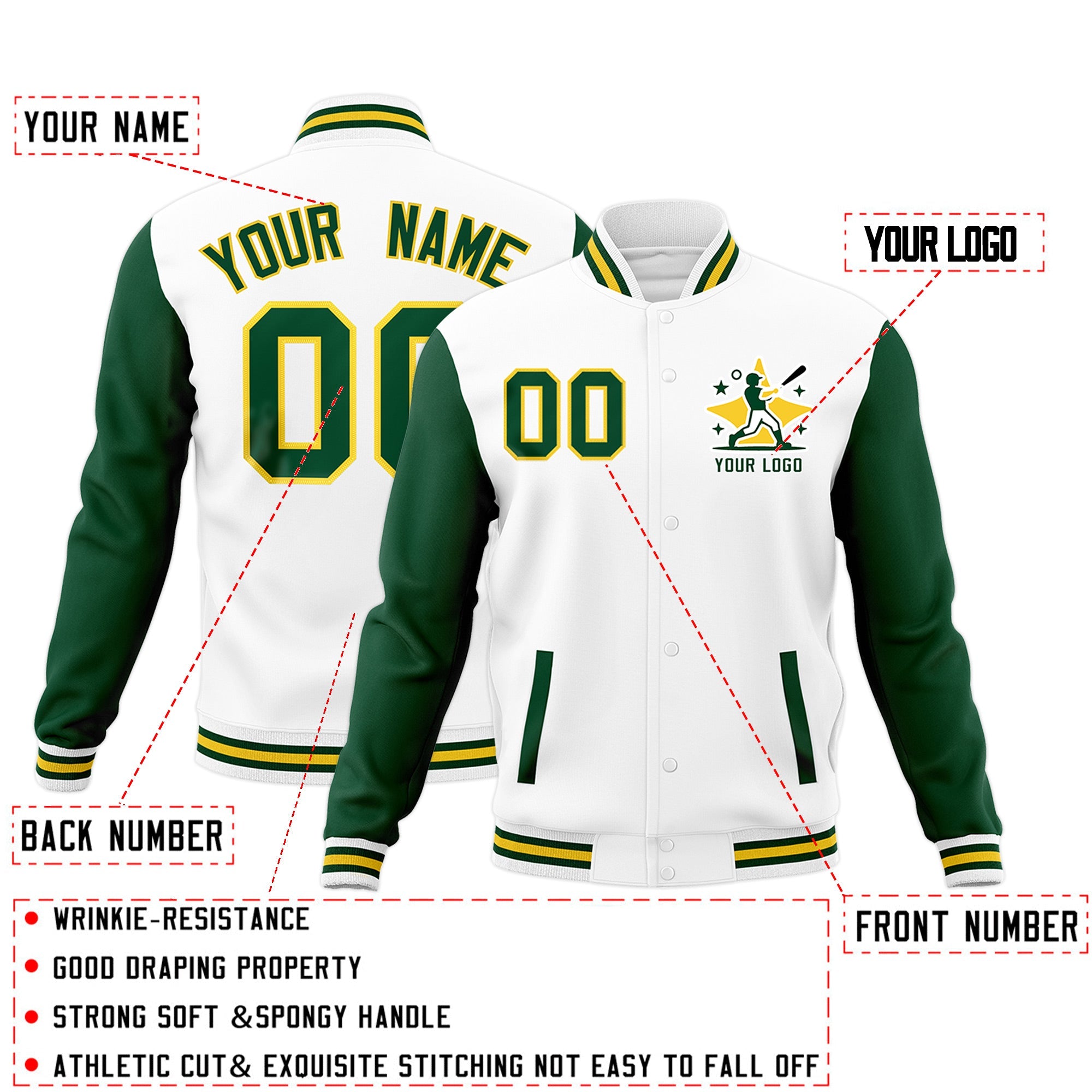 Custom White Green Gold Raglan Sleeves Full-Snap Letterman Jacket| KXKSHOP