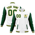 Custom White Green Gold Raglan Sleeves Full-Snap Letterman Jacket| KXKSHOP