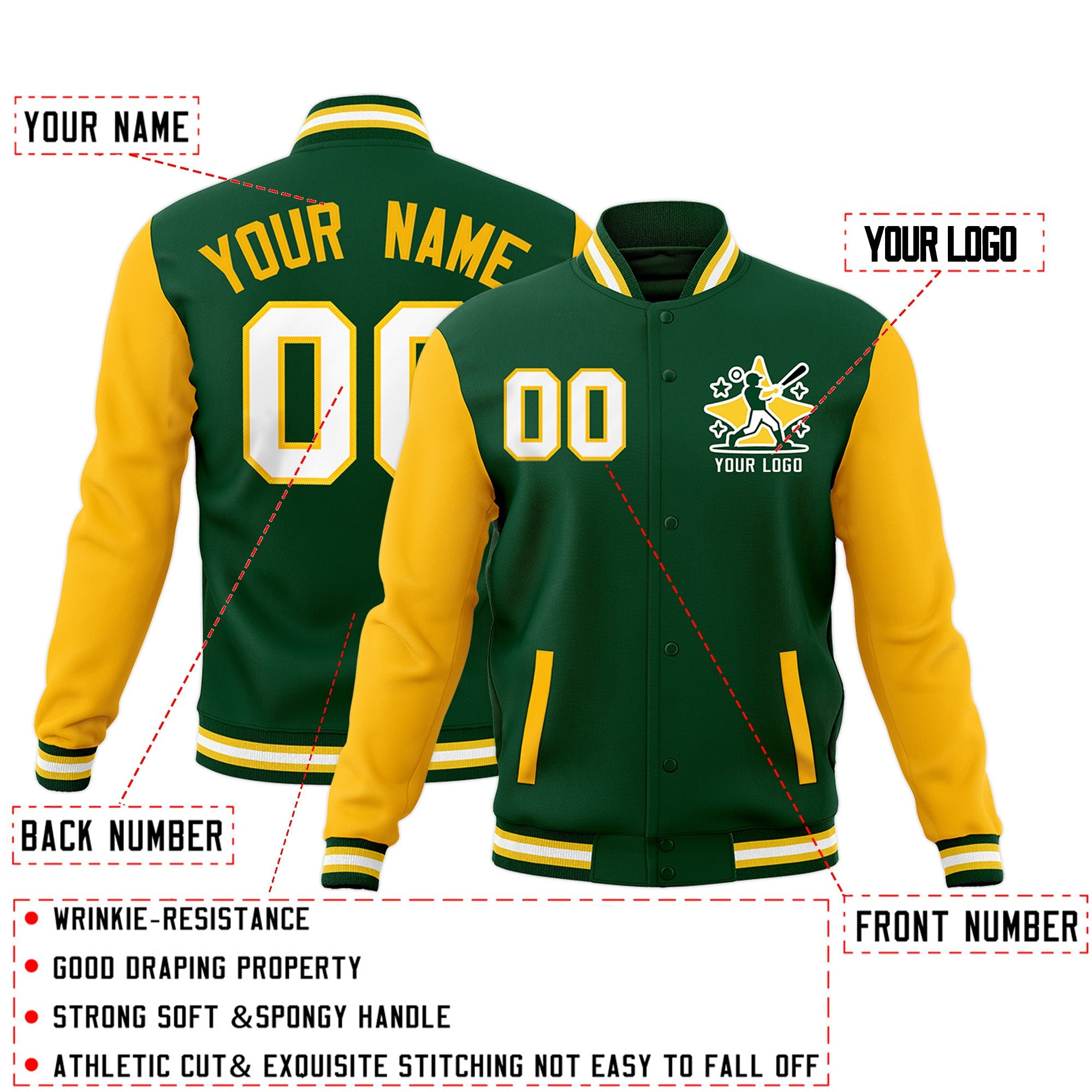 Custom Green Gold White Raglan Sleeves Full-Snap Letterman Jacket| KXKSHOP
