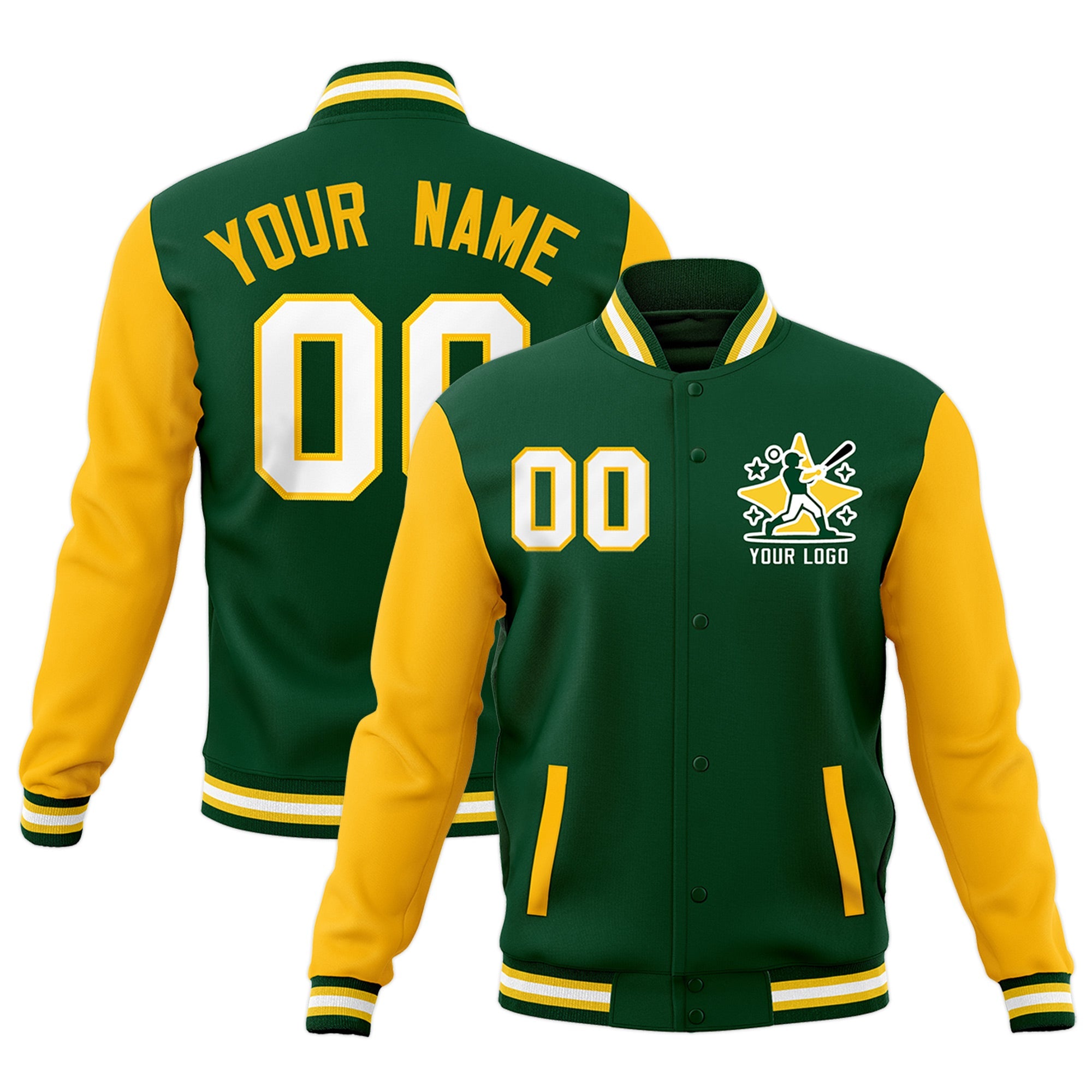 Custom Green Gold White Raglan Sleeves Full-Snap Letterman Jacket| KXKSHOP