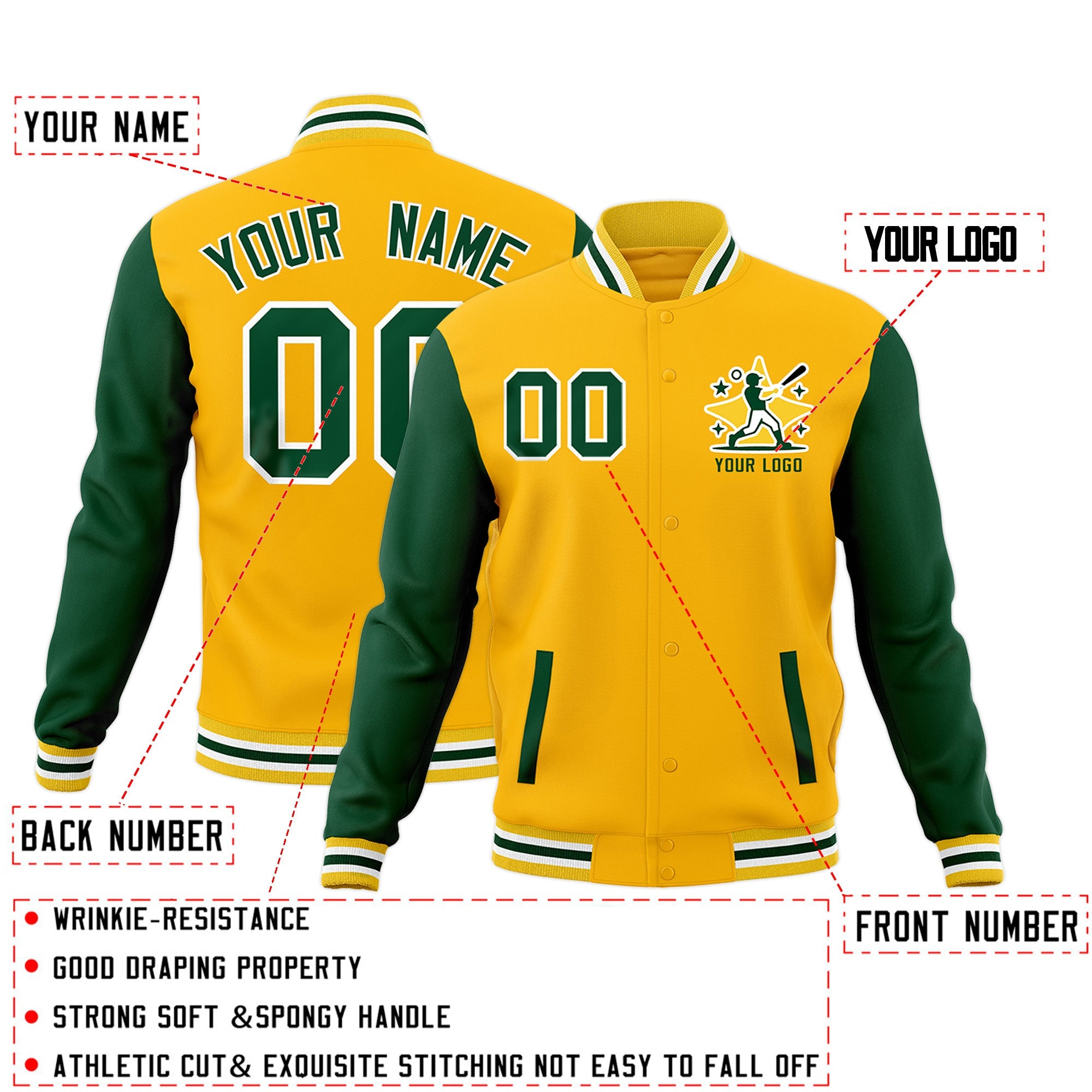 Custom Gold Green White Raglan Sleeves Full-Snap Letterman Jacket| KXKSHOP