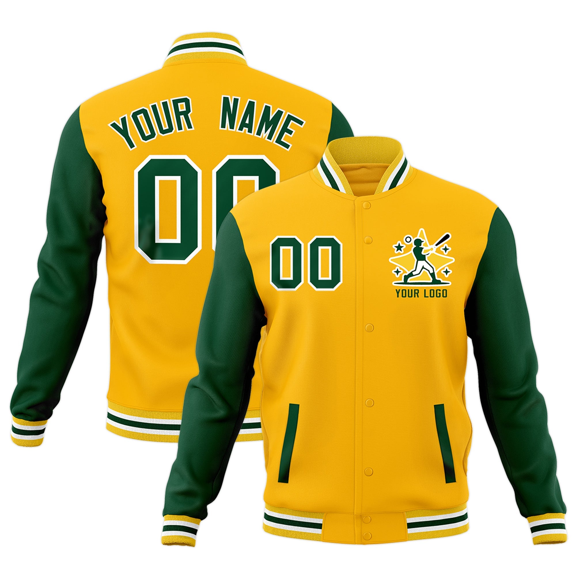 Custom Gold Green White Raglan Sleeves Full-Snap Letterman Jacket| KXKSHOP