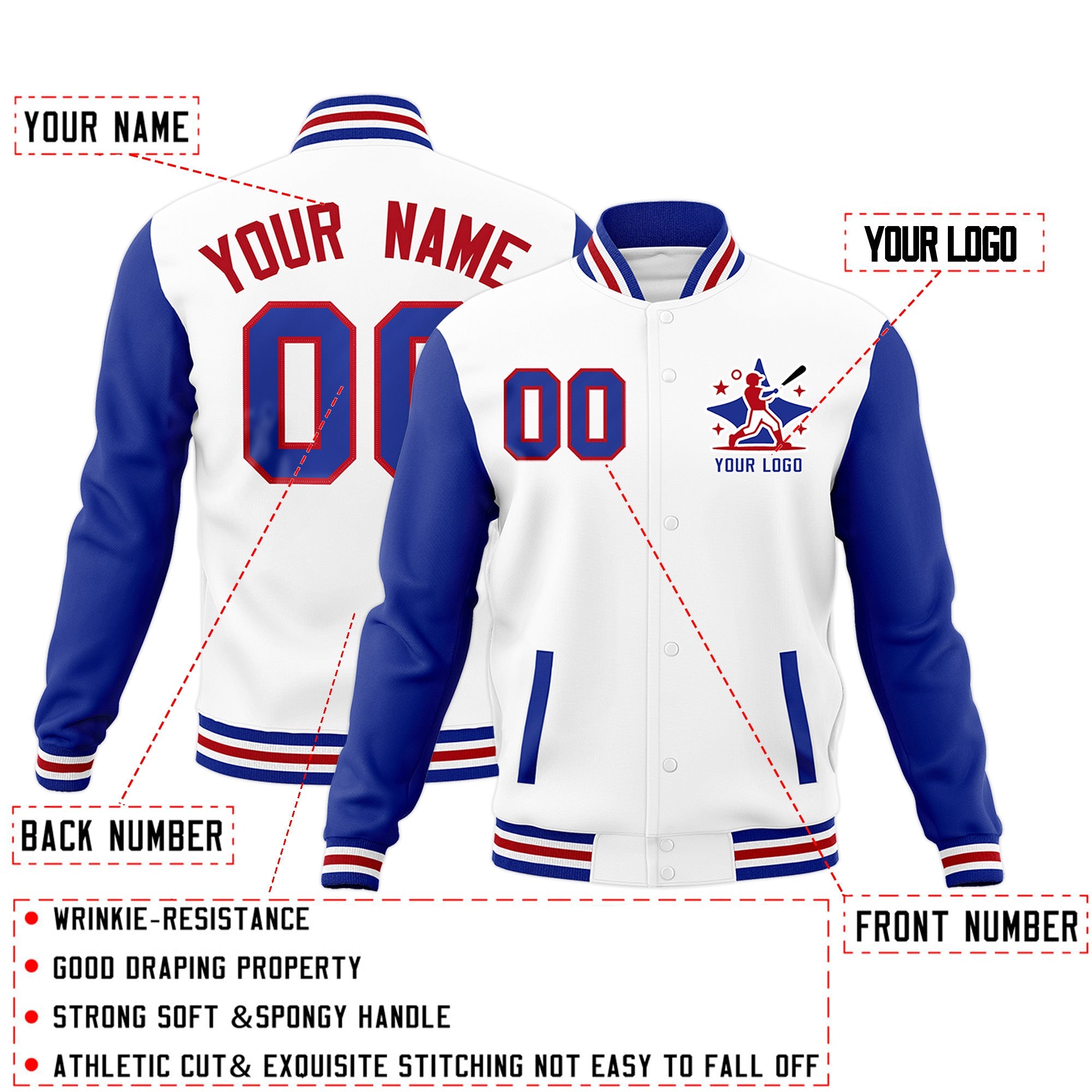 Custom Royal Blue White Red Raglan Sleeves Full-Snap Letterman Jacket| KXKSHOP