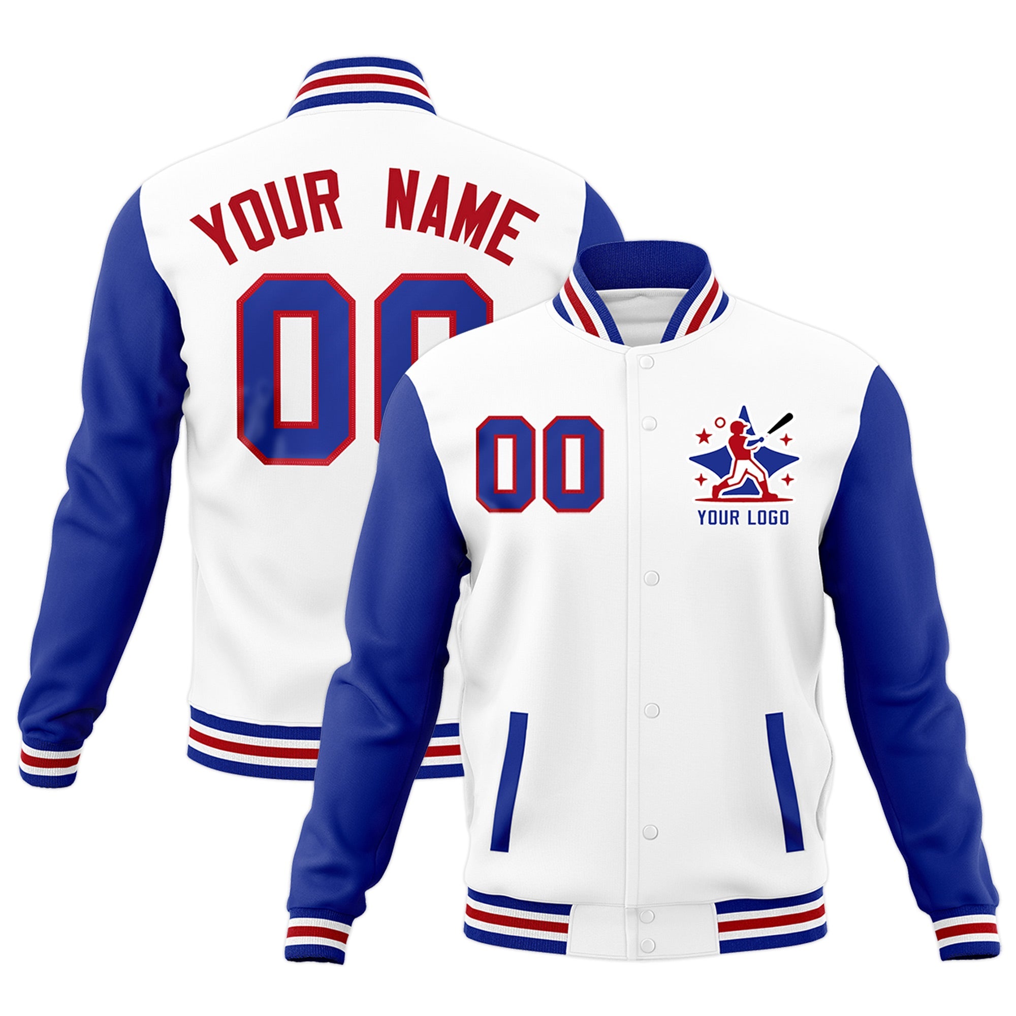 Custom Royal Blue White Red Raglan Sleeves Full-Snap Letterman Jacket| KXKSHOP