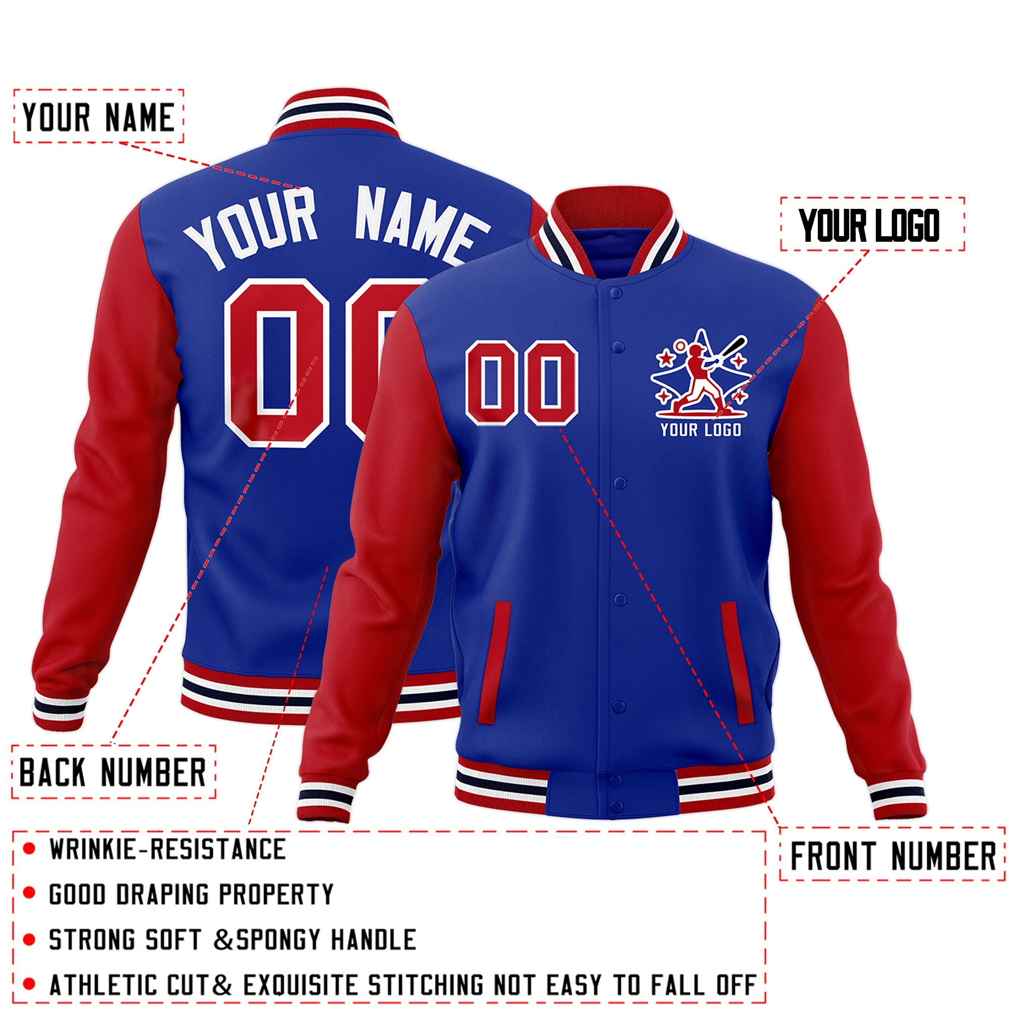 Custom Royal Blue Red White Raglan Sleeves Full-Snap Letterman Jacket| KXKSHOP