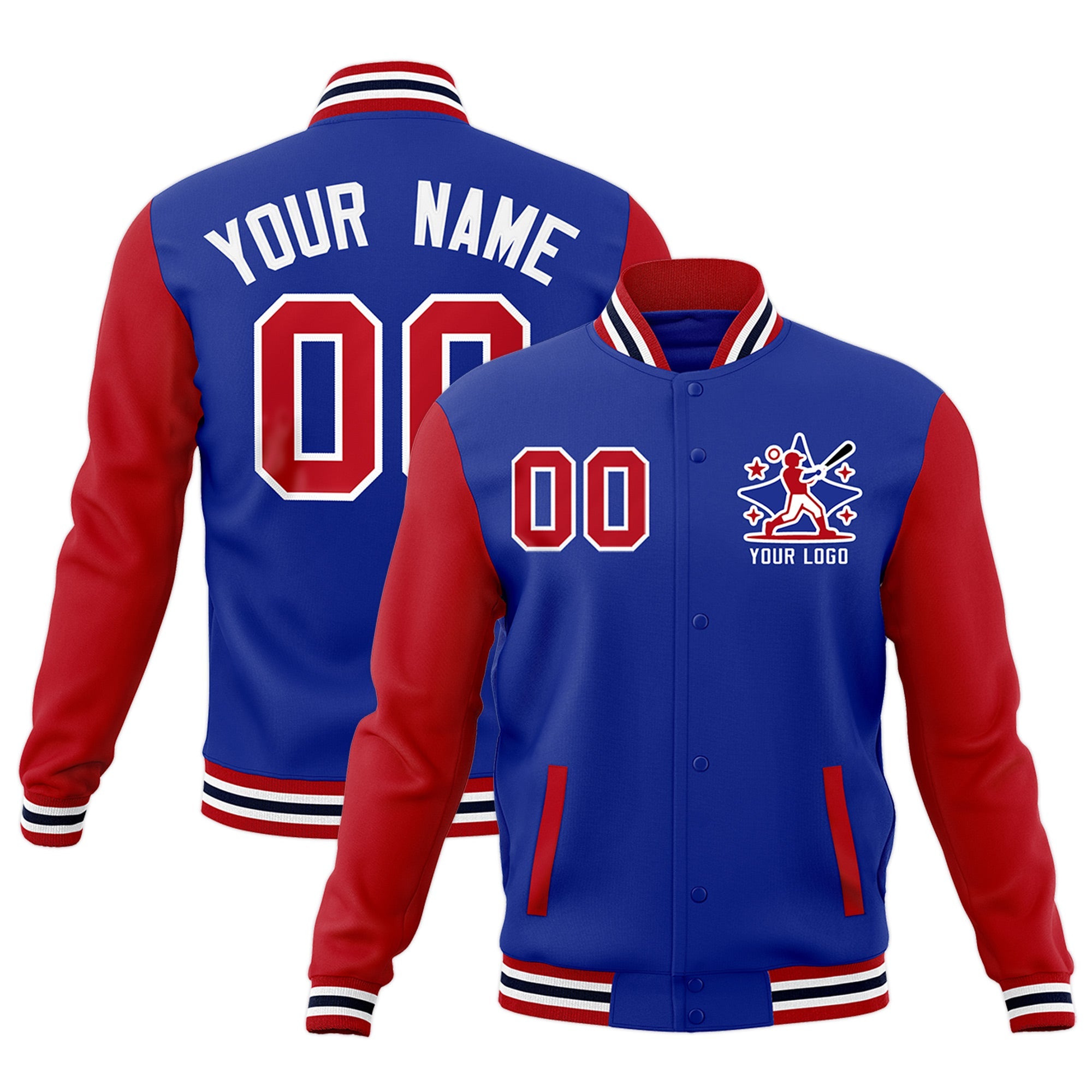 Custom Royal Blue Red White Raglan Sleeves Full-Snap Letterman Jacket| KXKSHOP