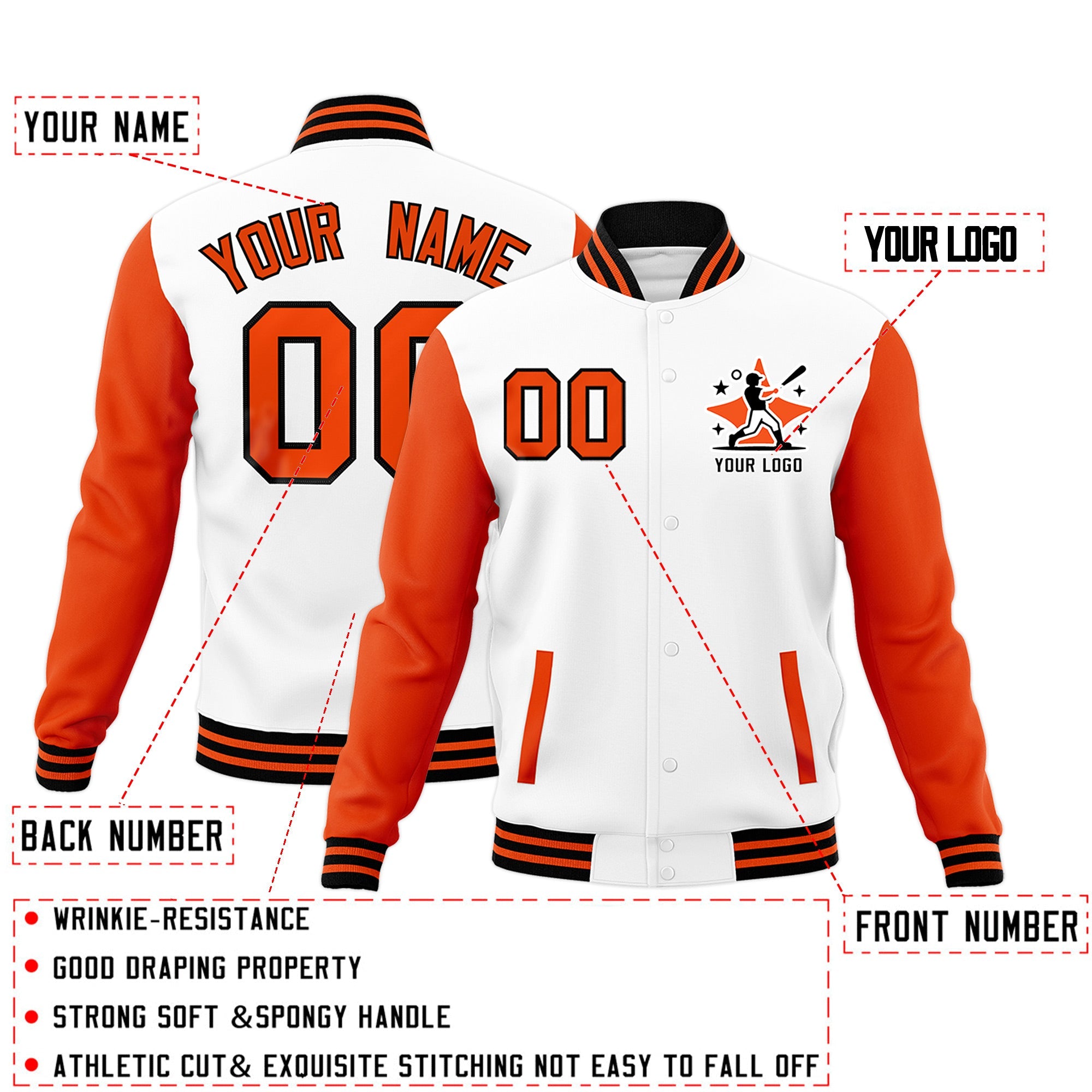 Custom White Orange Black Raglan Sleeves Full-Snap Letterman Jacket| KXKSHOP