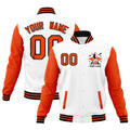 Custom White Orange Black Raglan Sleeves Full-Snap Letterman Jacket| KXKSHOP