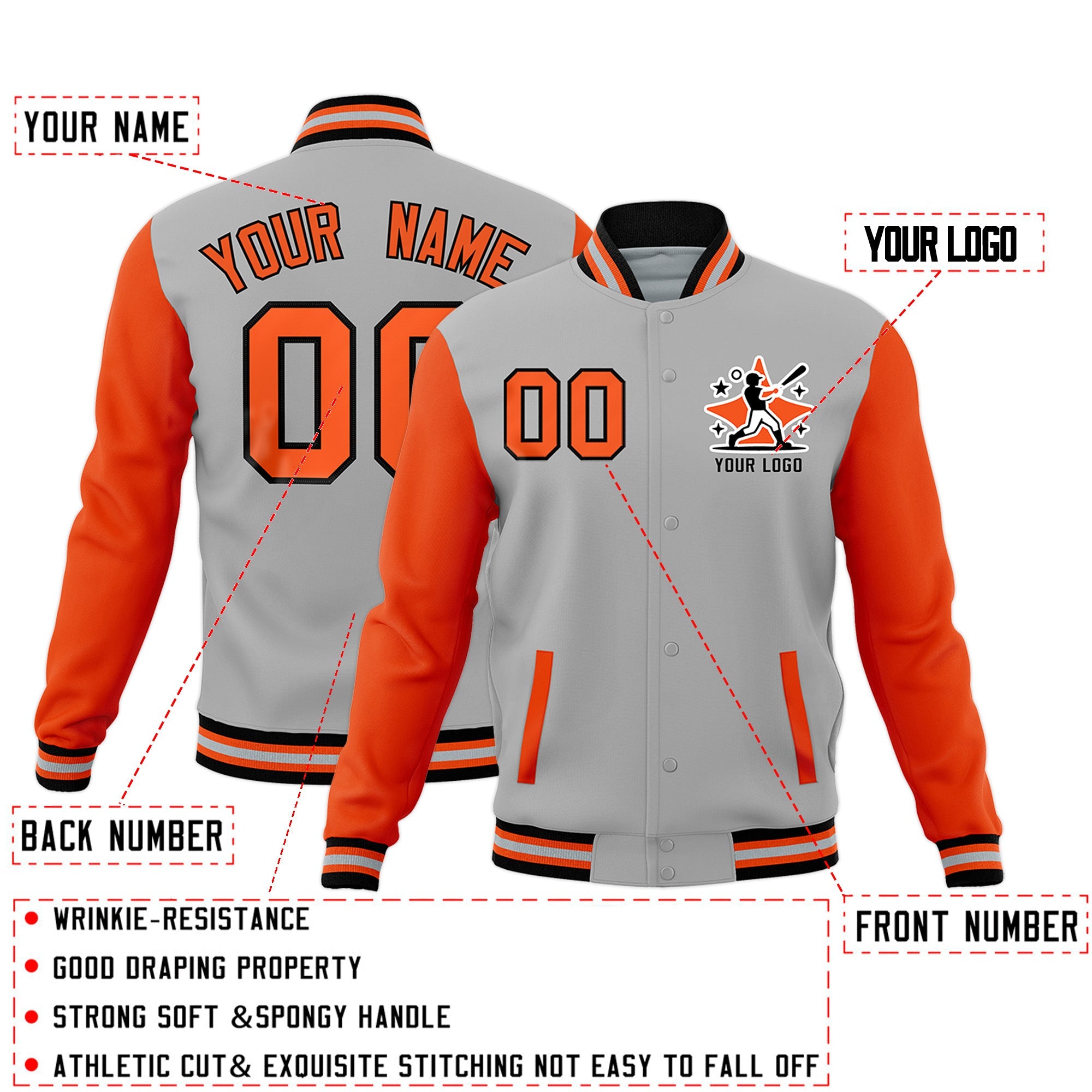 Custom Gray Orange Black Raglan Sleeves Full-Snap Letterman Jacket| KXKSHOP