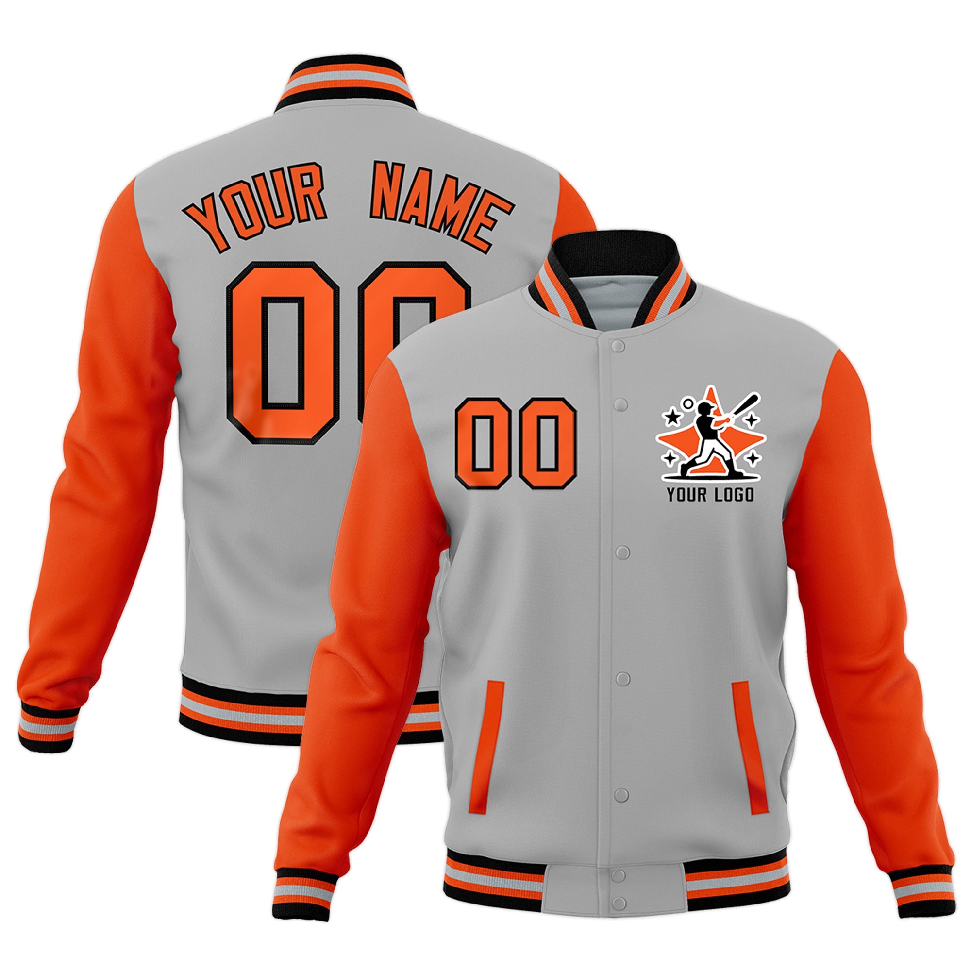 Custom Gray Orange Black Raglan Sleeves Full-Snap Letterman Jacket| KXKSHOP