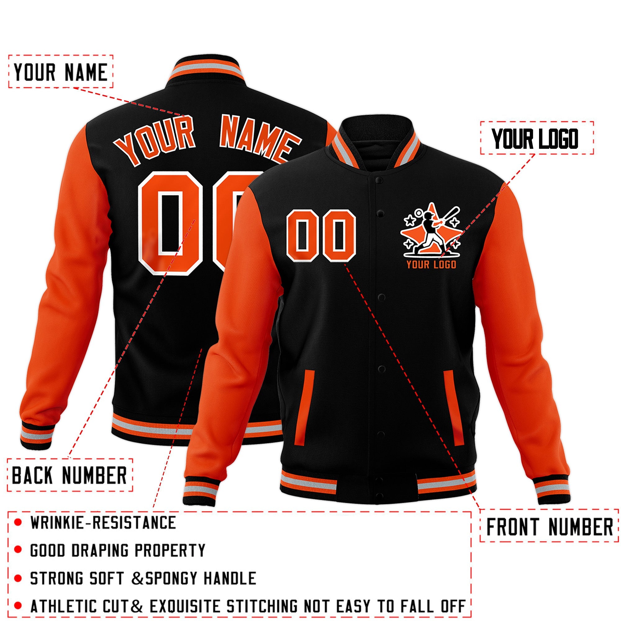 Custom Black Orange Gray Raglan Sleeves Full-Snap Letterman Jacket| KXKSHOP