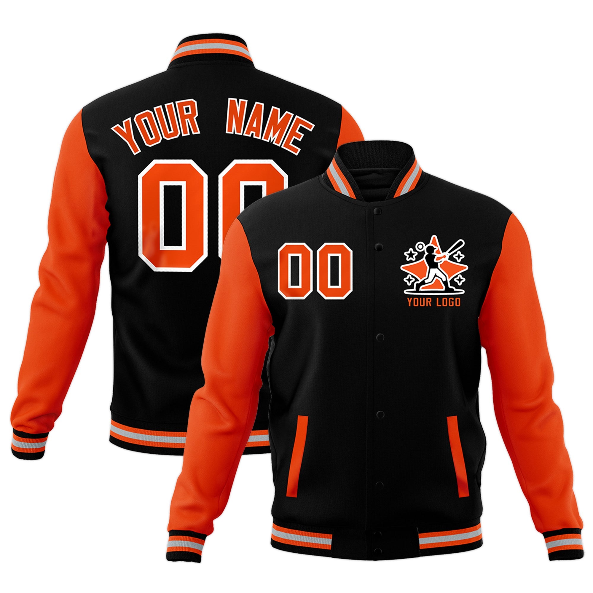 Custom Black Orange Gray Raglan Sleeves Full-Snap Letterman Jacket| KXKSHOP
