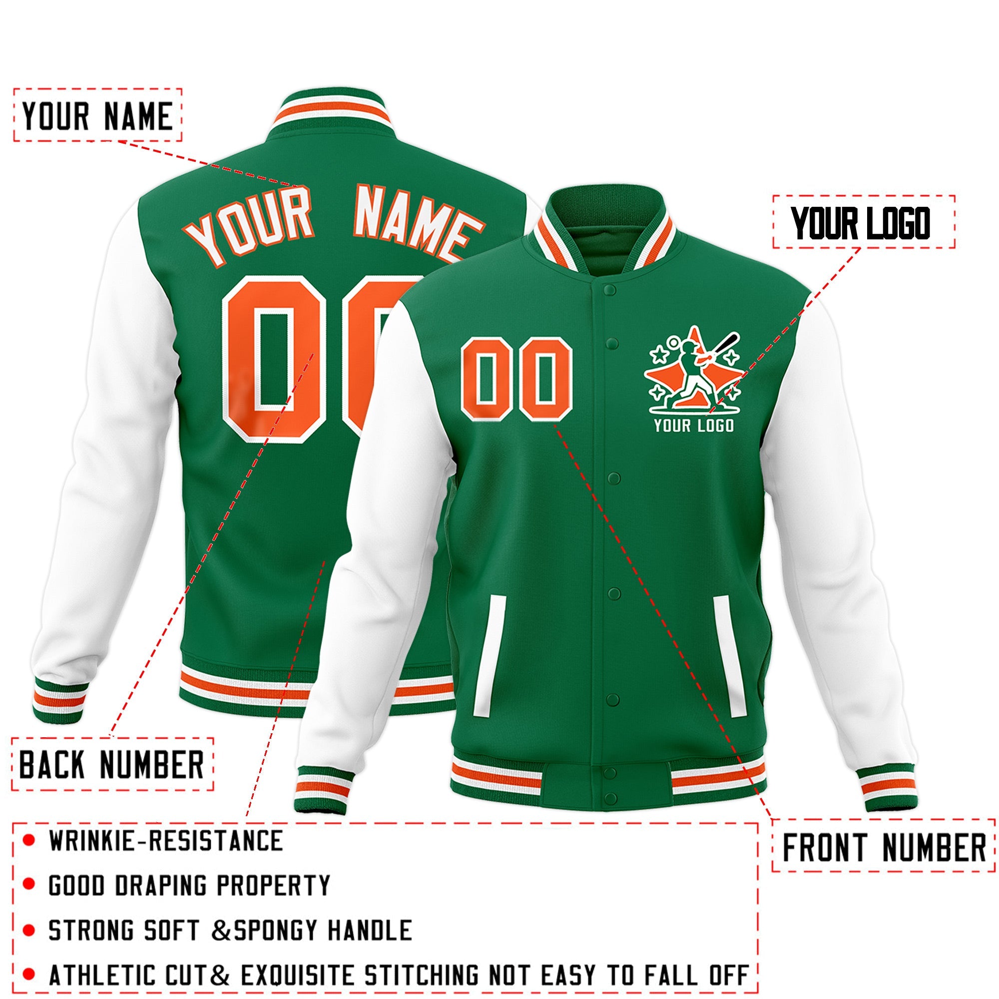 Custom Kelly Green White Orange Raglan Sleeves Full-Snap Letterman Jacket| KXKSHOP