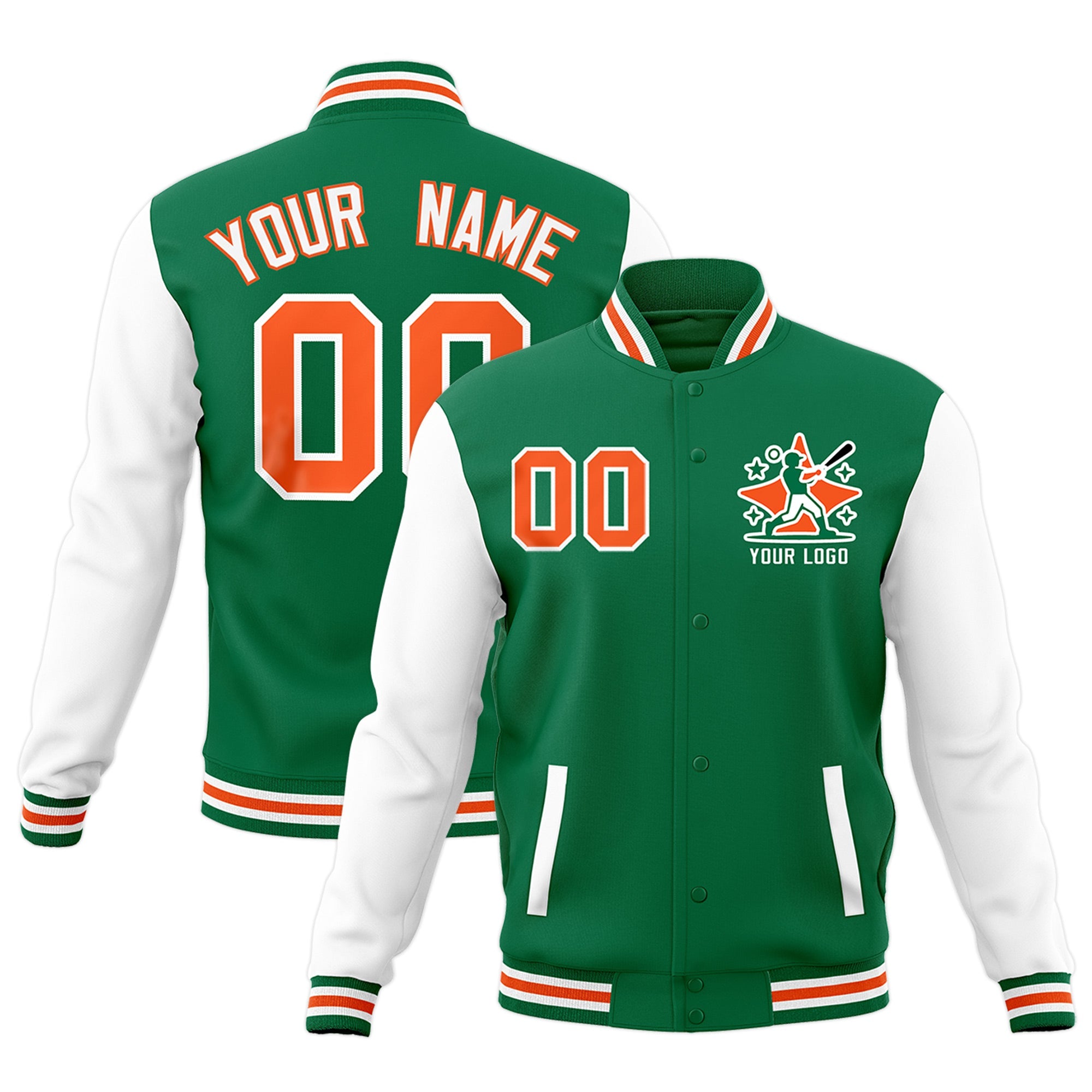 Custom Kelly Green White Orange Raglan Sleeves Full-Snap Letterman Jacket| KXKSHOP