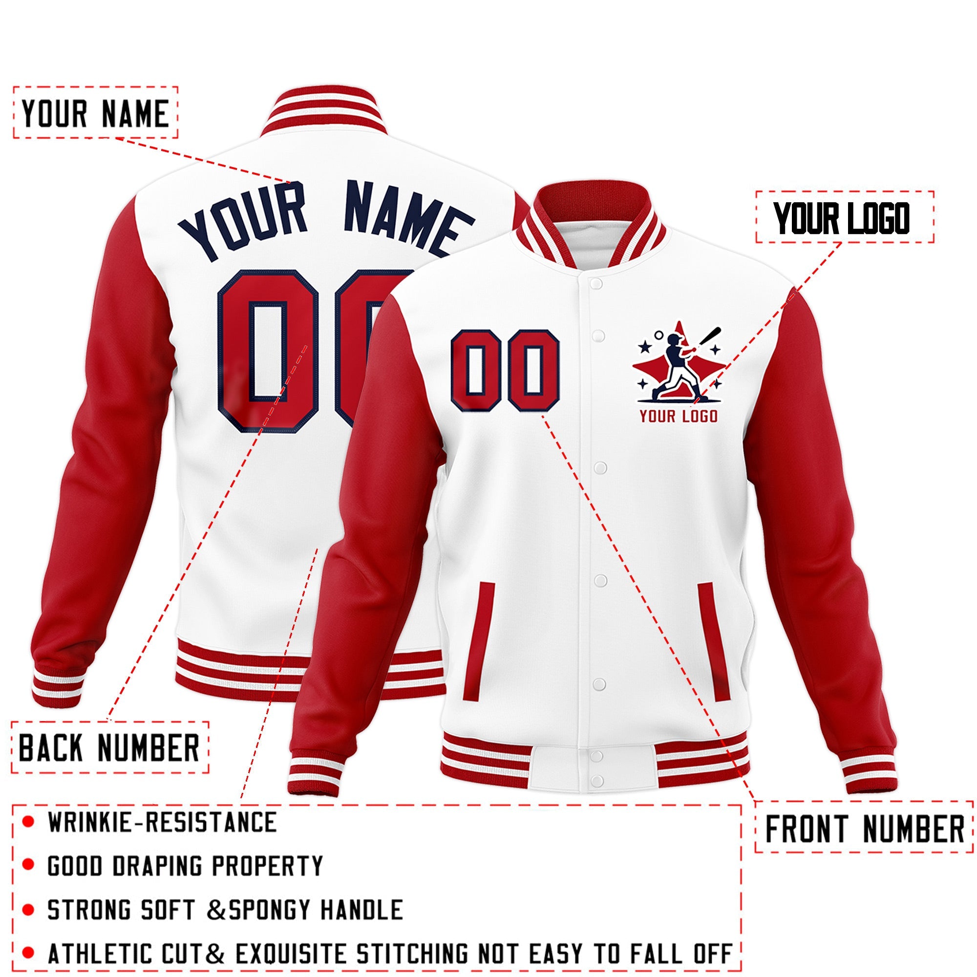 Custom White Red Black Raglan Sleeves Full-Snap Letterman Jacket| KXKSHOP