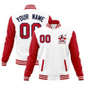 Custom White Red Black Raglan Sleeves Full-Snap Letterman Jacket| KXKSHOP