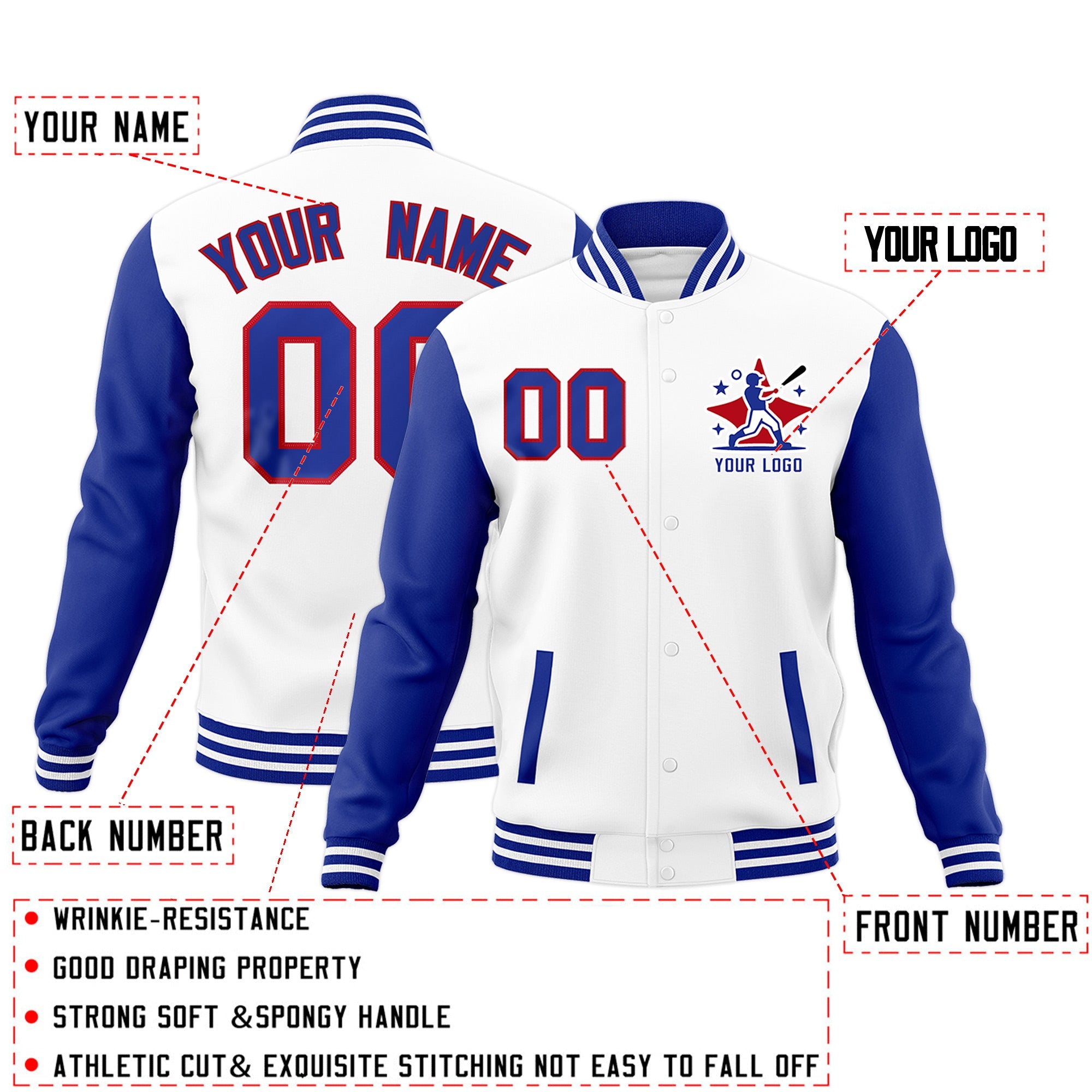 Custom White Royal Blue Red Raglan Sleeves Full-Snap Letterman Jacket| KXKSHOP