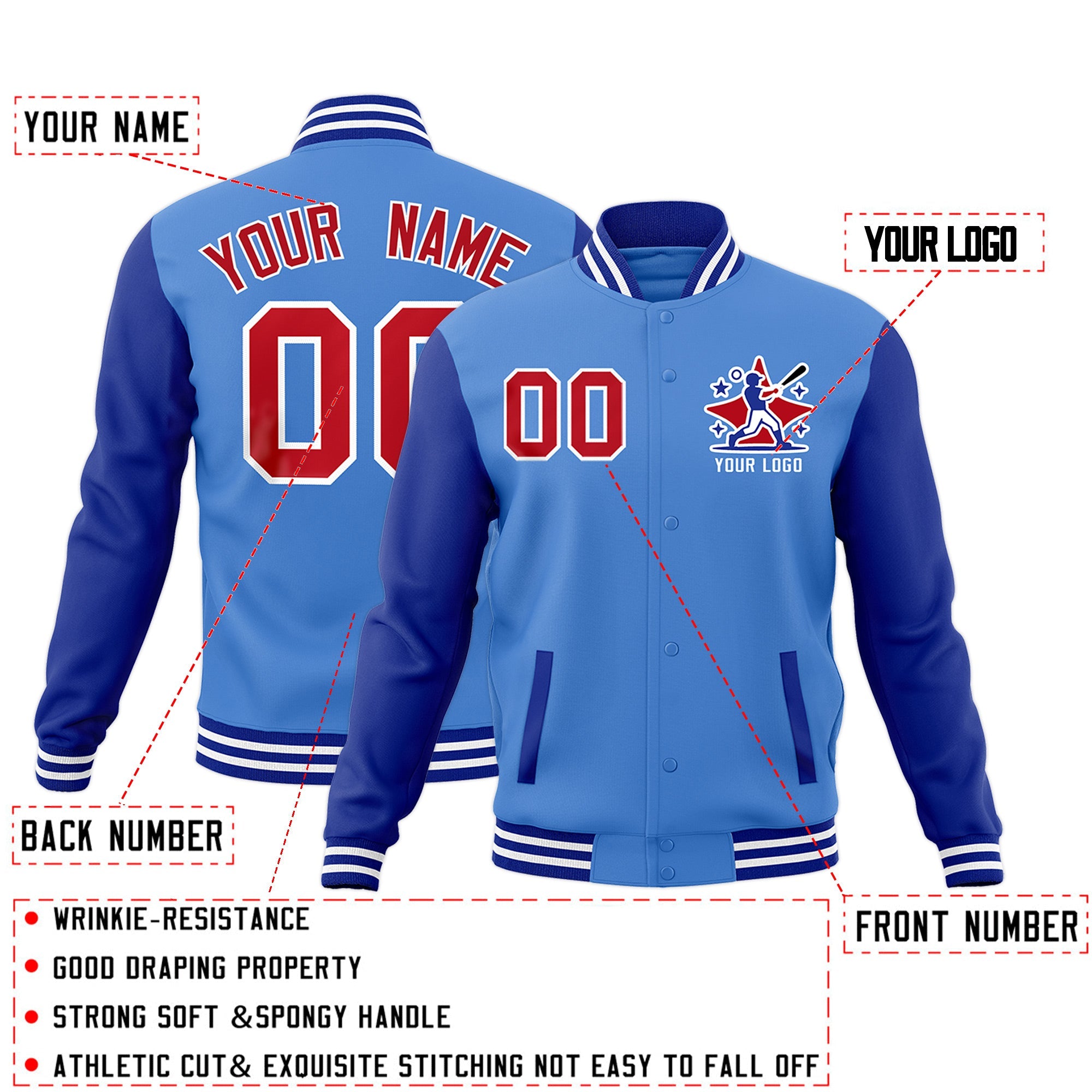 Custom Powder Blue Royal Blue White Raglan Sleeves Full-Snap Letterman Jacket| KXKSHOP