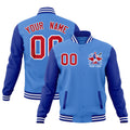 Custom Powder Blue Royal Blue White Raglan Sleeves Full-Snap Letterman Jacket| KXKSHOP