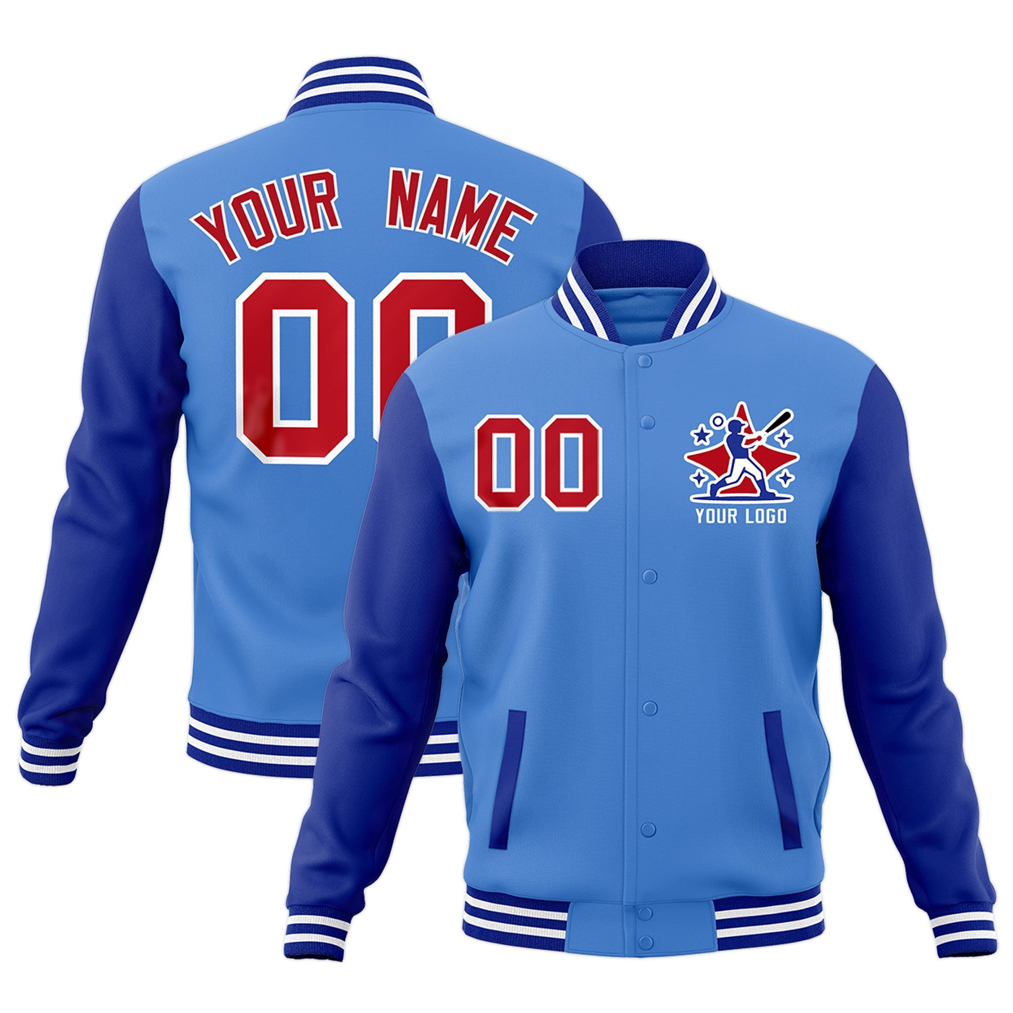 Custom Powder Blue Royal Blue White Raglan Sleeves Full-Snap Letterman Jacket| KXKSHOP