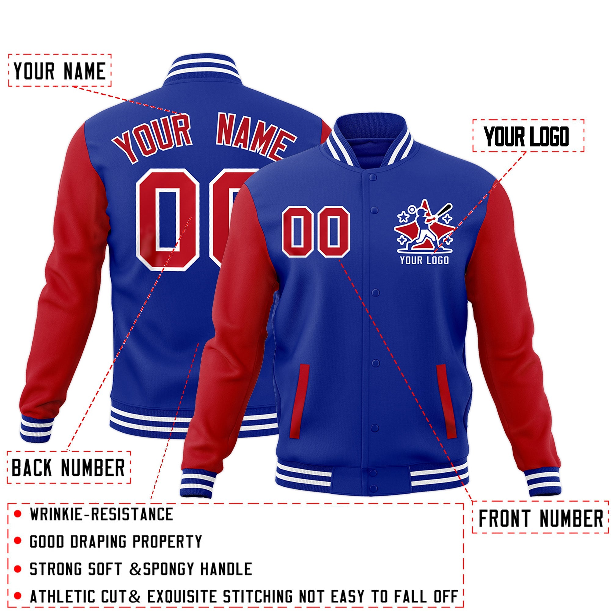 Custom Red Royal Blue White Raglan Sleeves Full-Snap Letterman Jacket| KXKSHOP