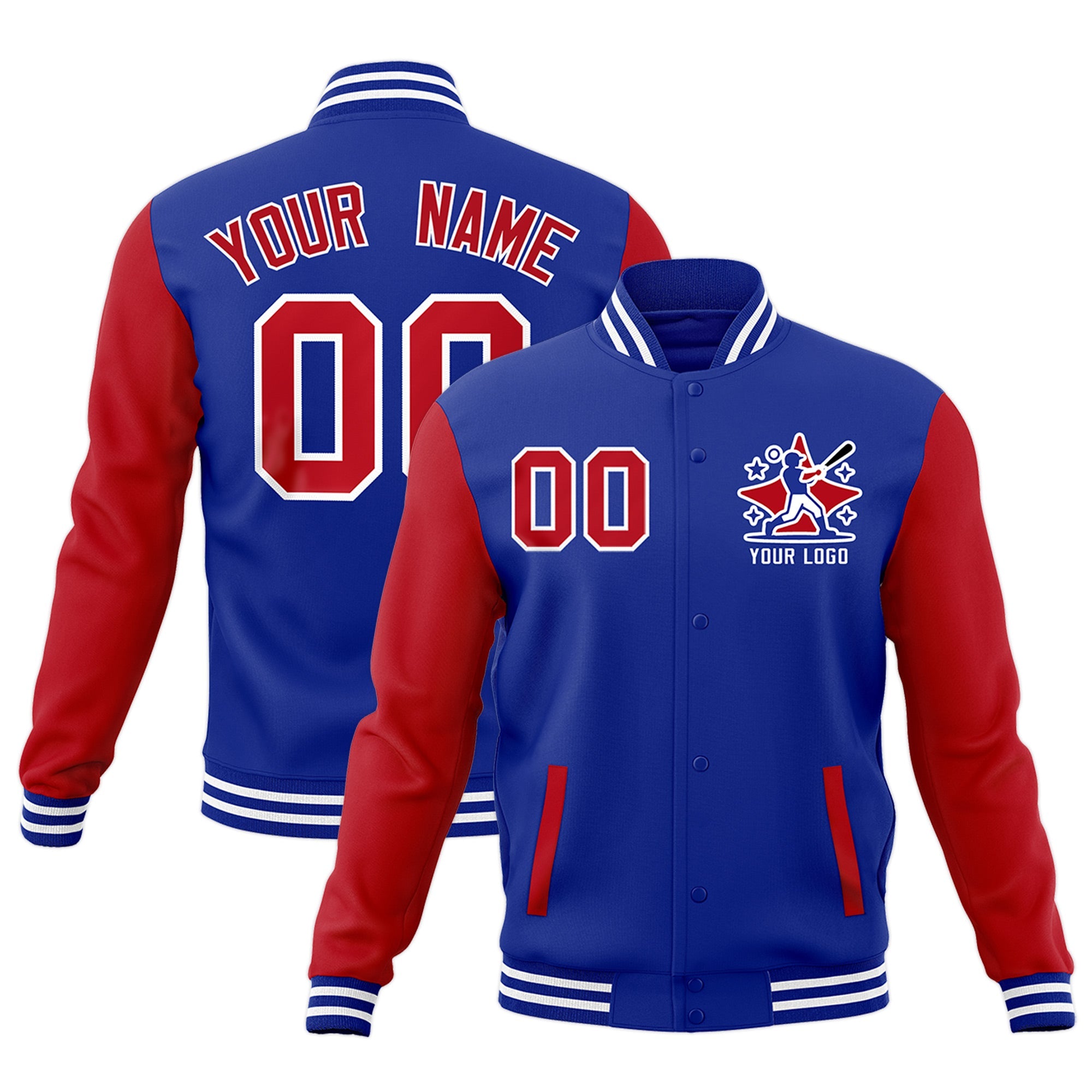 Custom Red Royal Blue White Raglan Sleeves Full-Snap Letterman Jacket| KXKSHOP