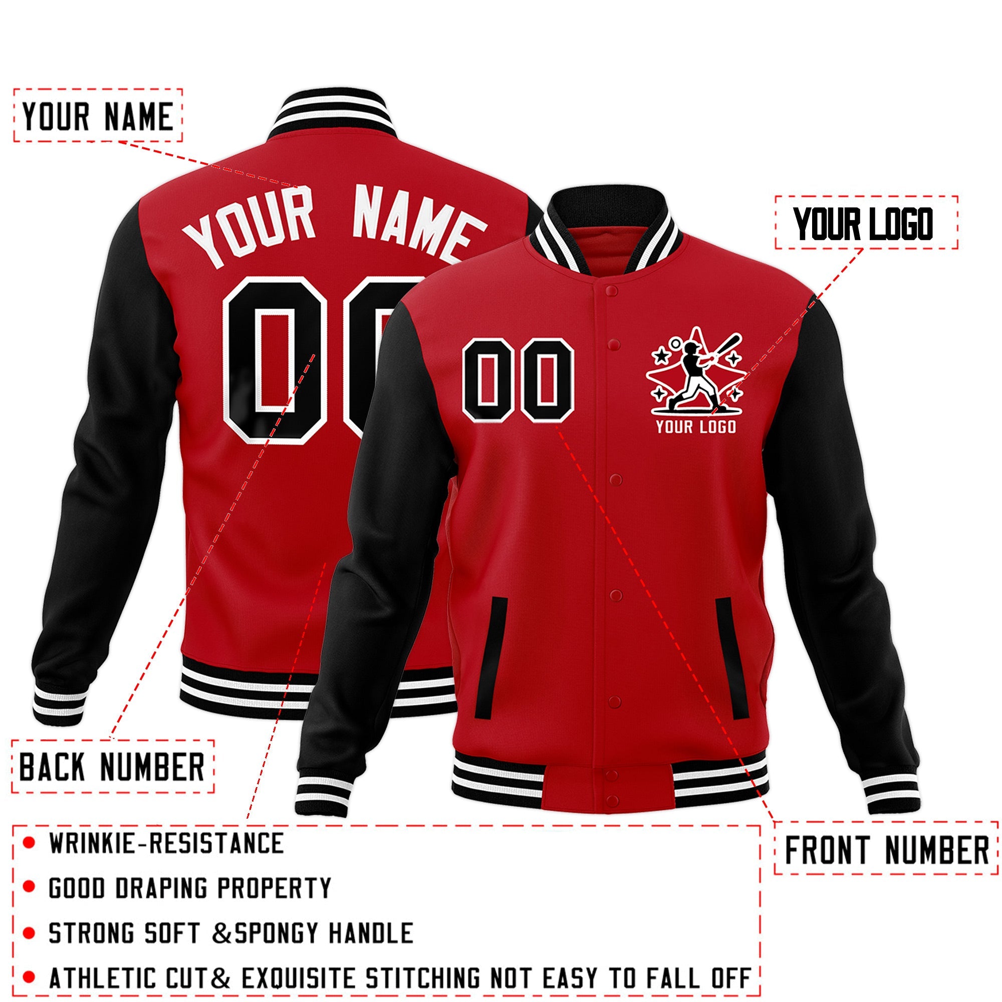 Custom Black Red White Raglan Sleeves Full-Snap Letterman Jacket| KXKSHOP