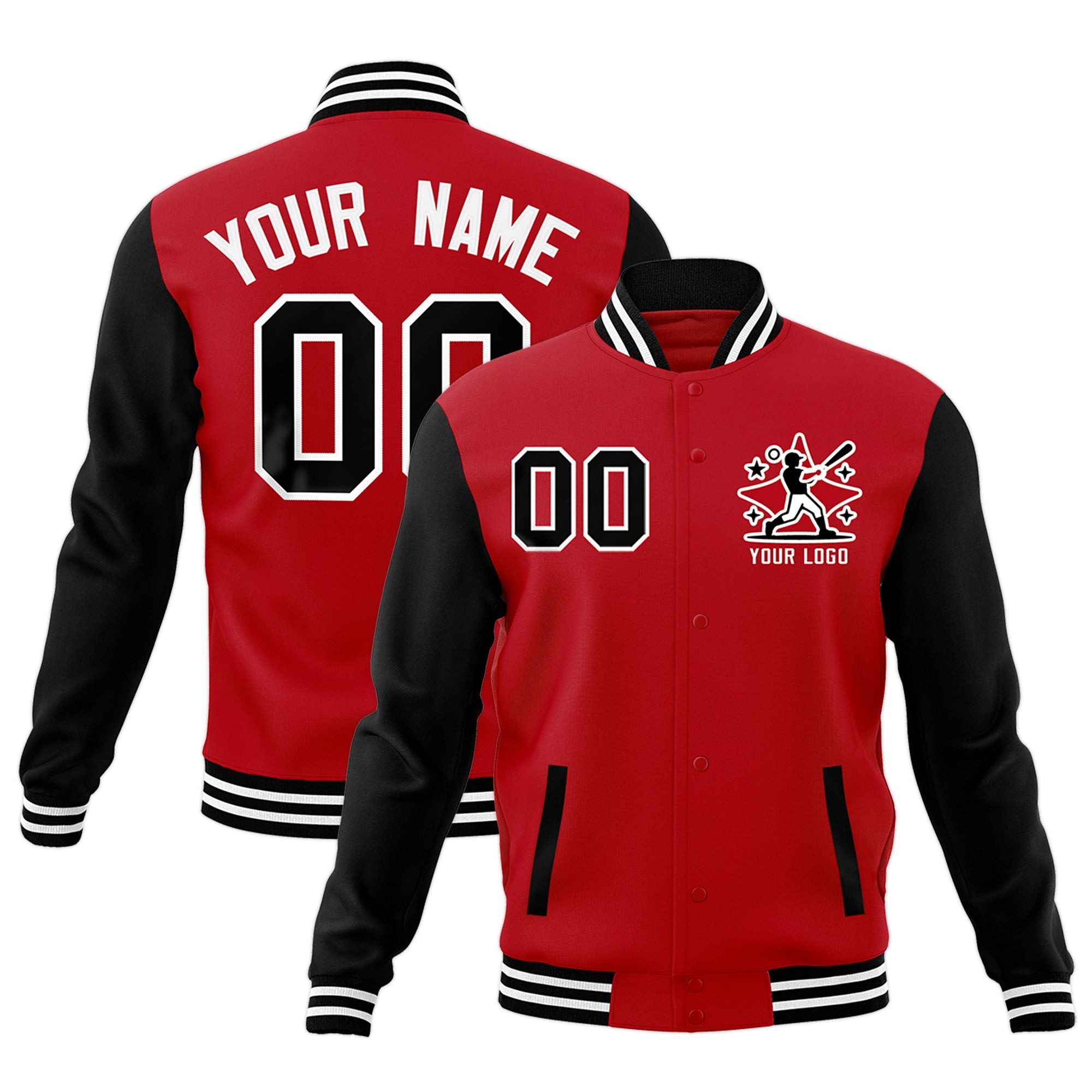 Custom Black Red White Raglan Sleeves Full-Snap Letterman Jacket| KXKSHOP