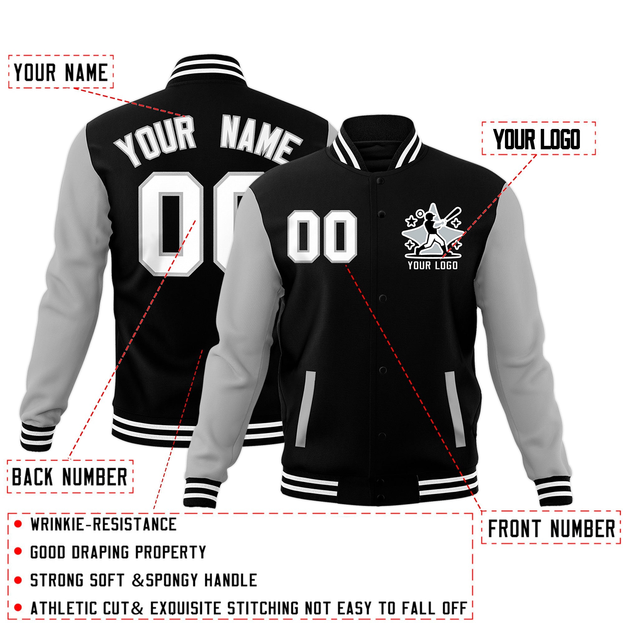 Custom Black Gray White Raglan Sleeves Full-Snap Letterman Jacket| KXKSHOP