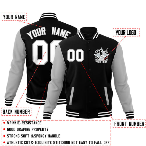 Custom Black Gray White Raglan Sleeves Full-Snap Letterman Jacket| KXKSHOP