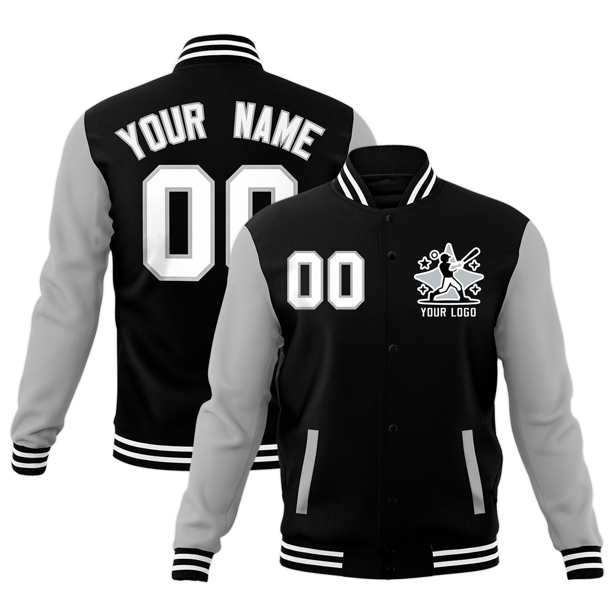 Custom Black Gray White Raglan Sleeves Full-Snap Letterman Jacket| KXKSHOP