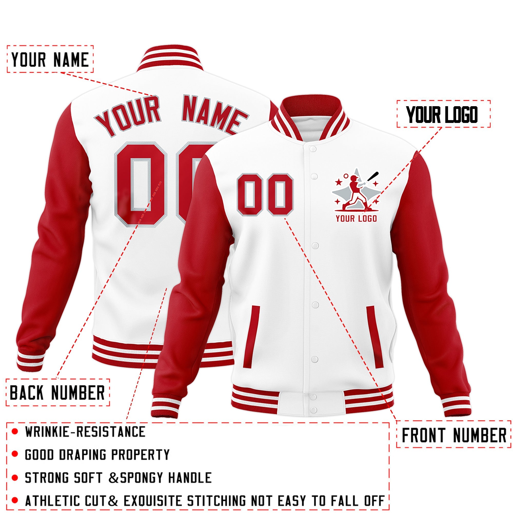 Custom White Red Gray Raglan Sleeves Full-Snap Letterman Jacket| KXKSHOP