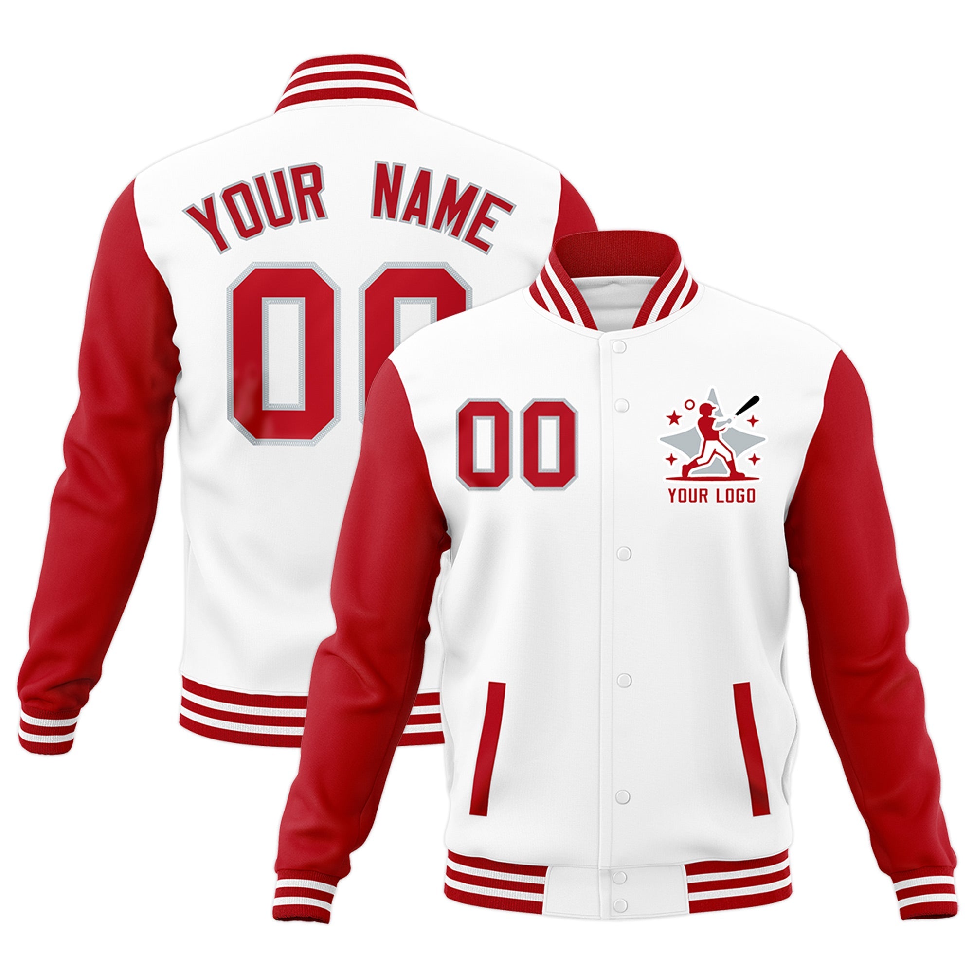 Custom White Red Gray Raglan Sleeves Full-Snap Letterman Jacket| KXKSHOP