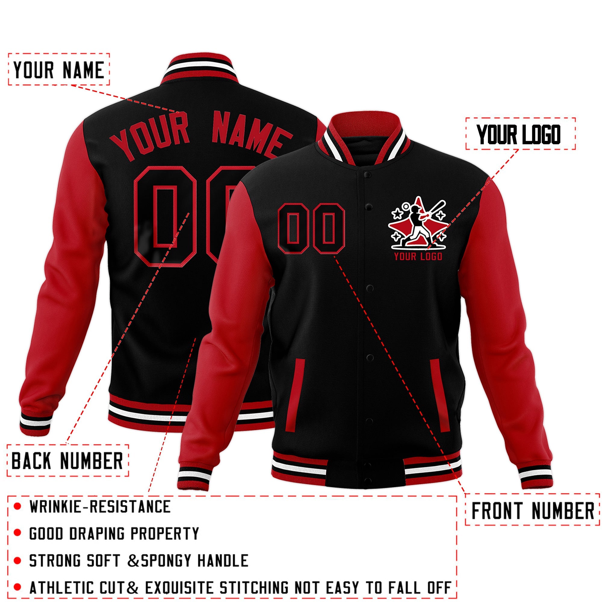 Custom Red White Black Raglan Sleeves Full-Snap Letterman Jacket| KXKSHOP