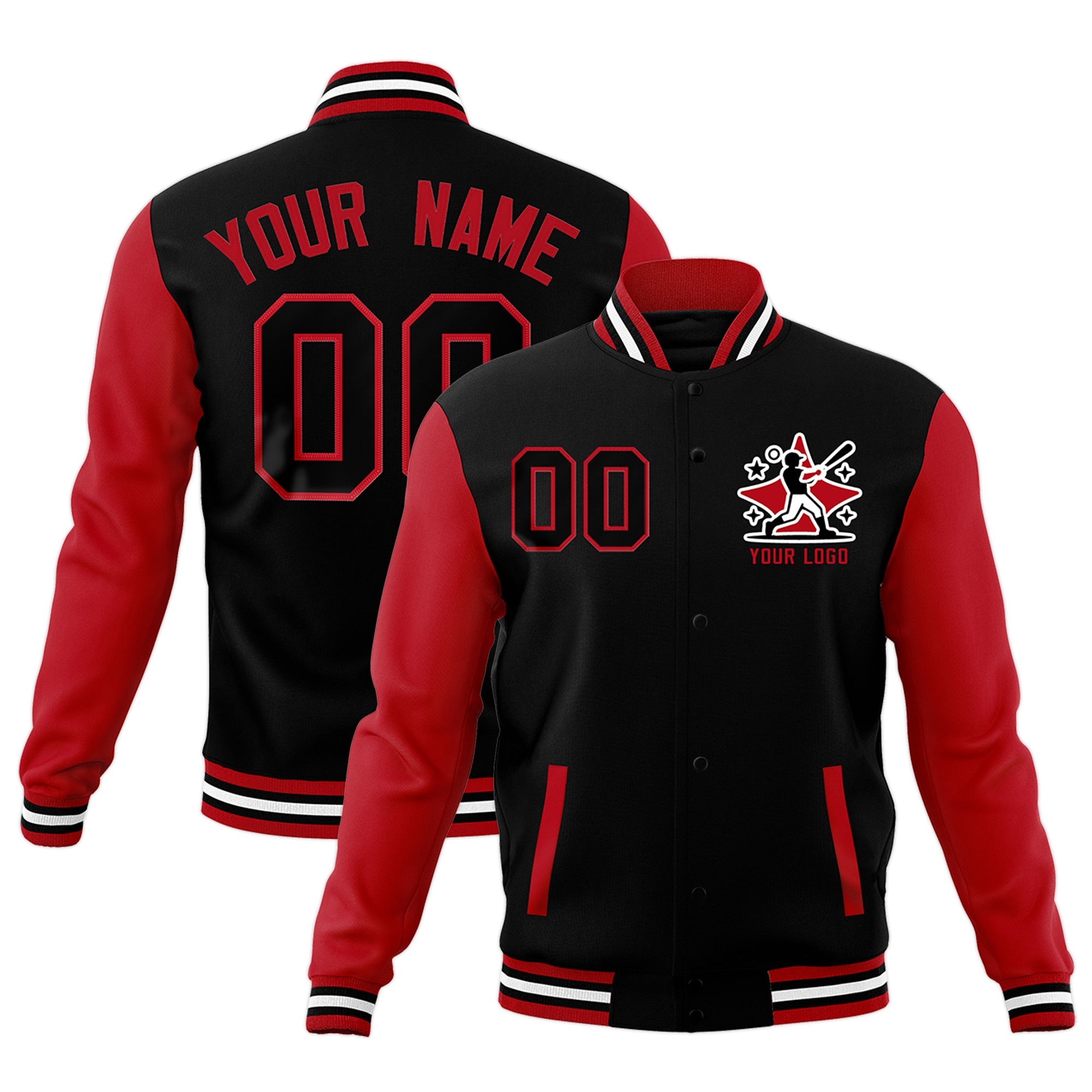 Custom Red White Black Raglan Sleeves Full-Snap Letterman Jacket| KXKSHOP