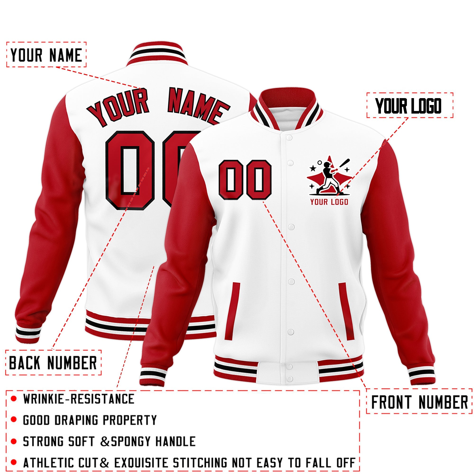 Custom White Red Raglan Sleeves Full-Snap Letterman Jacket| KXKSHOP