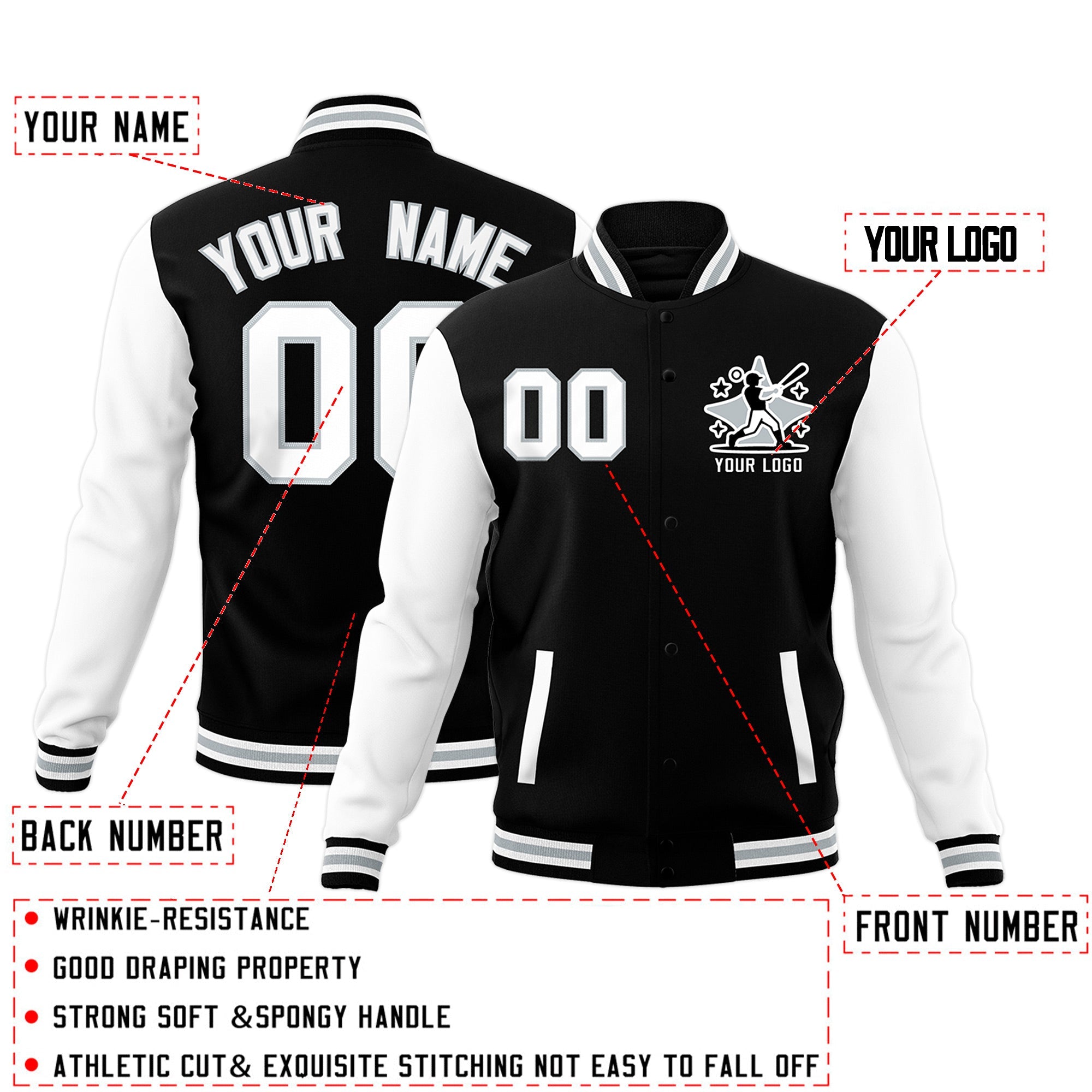 Custom Black White Gray Raglan Sleeves Full-Snap Letterman Jacket| KXKSHOP