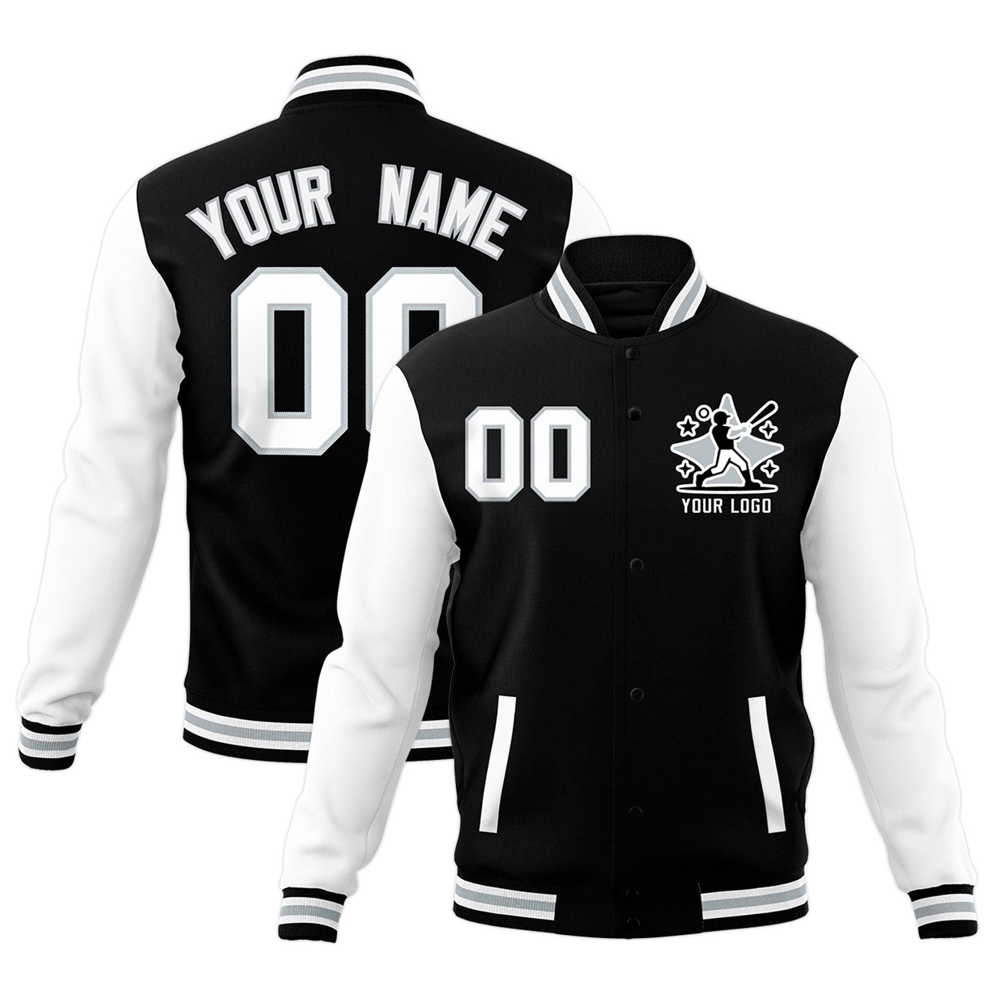 Custom Black White Gray Raglan Sleeves Full-Snap Letterman Jacket| KXKSHOP