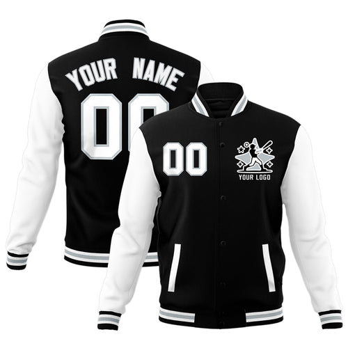 Custom Black White Gray Raglan Sleeves Full-Snap Letterman Jacket| KXKSHOP