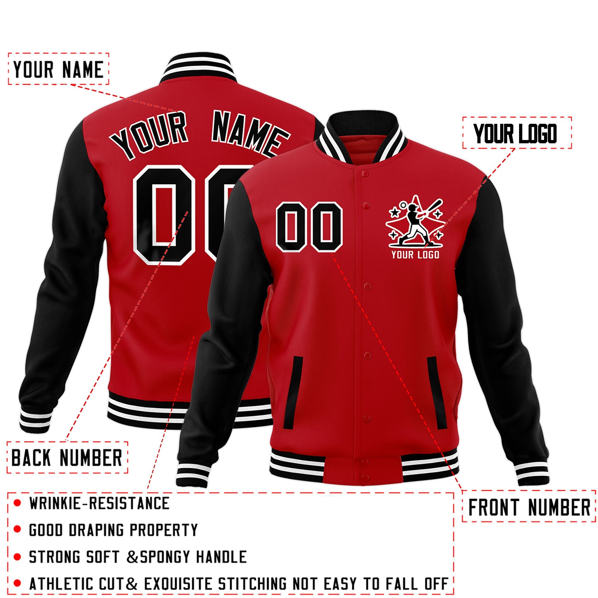 Custom Red Black White Raglan Sleeves Full-Snap Letterman Jacket| KXKSHOP