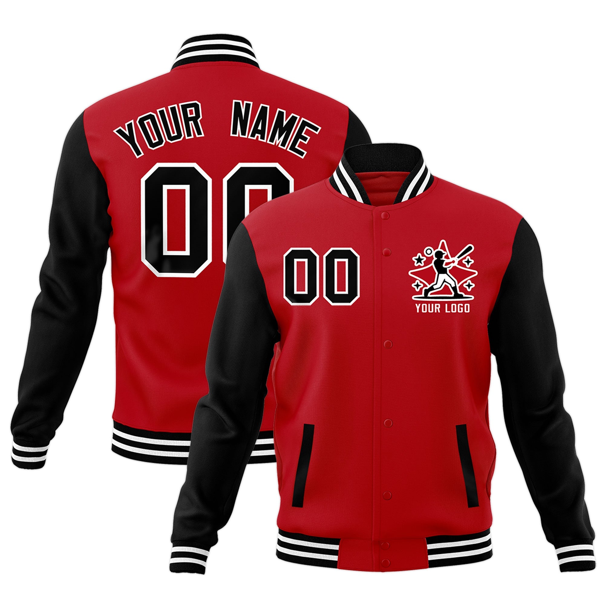 Custom Red Black White Raglan Sleeves Full-Snap Letterman Jacket| KXKSHOP