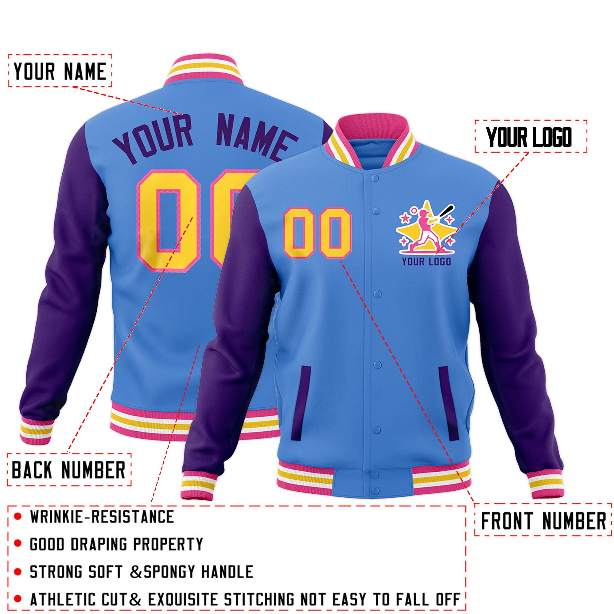 Custom Powder Blue Purple Pink Raglan Sleeves Full-Snap Letterman Jacket| KXKSHOP