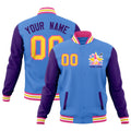 Custom Powder Blue Purple Pink Raglan Sleeves Full-Snap Letterman Jacket| KXKSHOP