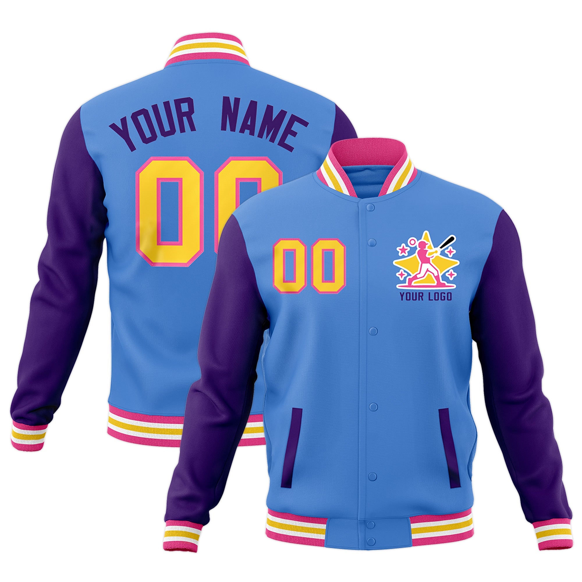Custom Powder Blue Purple Pink Raglan Sleeves Full-Snap Letterman Jacket| KXKSHOP