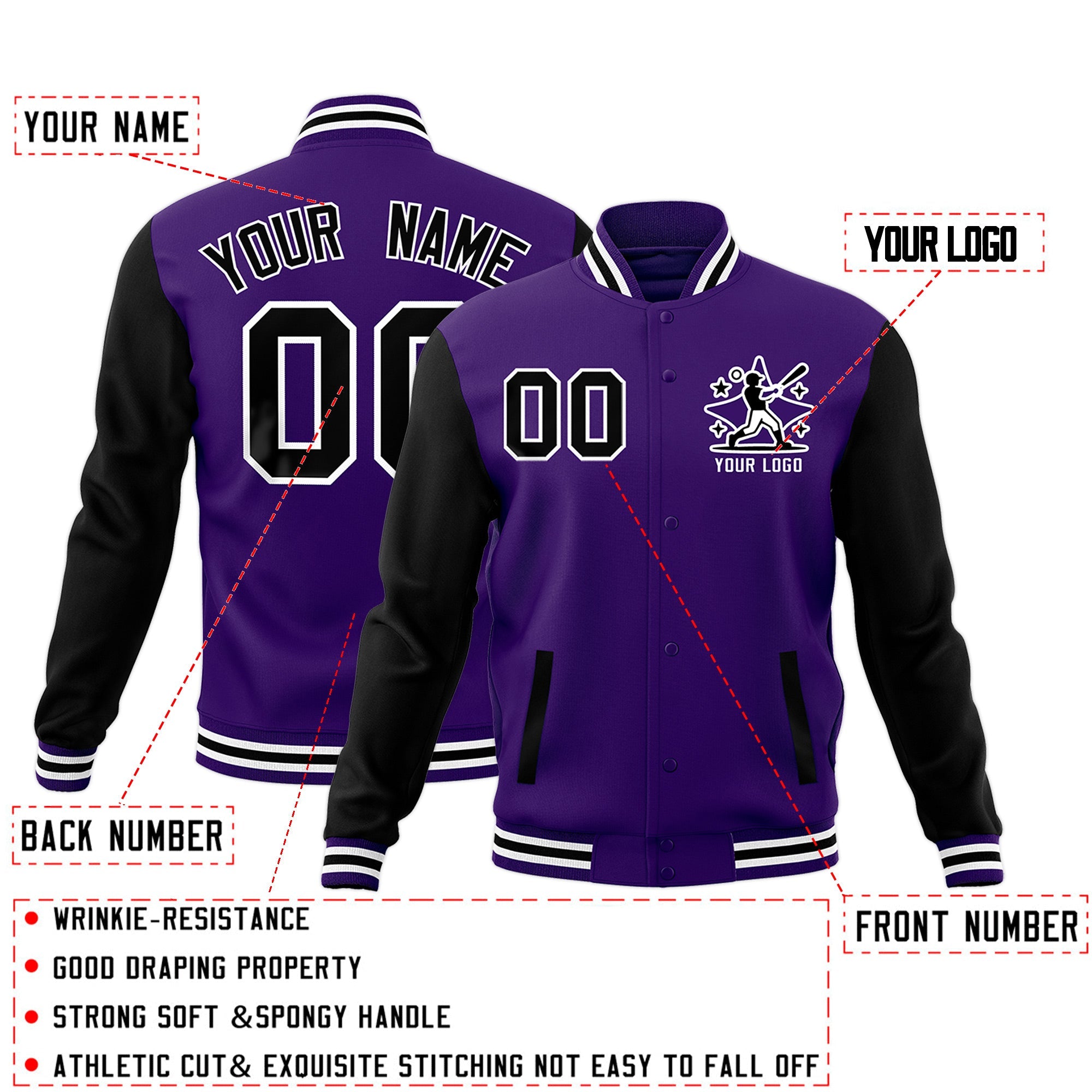Custom Black Purple White Raglan Sleeves Full-Snap Letterman Jacket| KXKSHOP