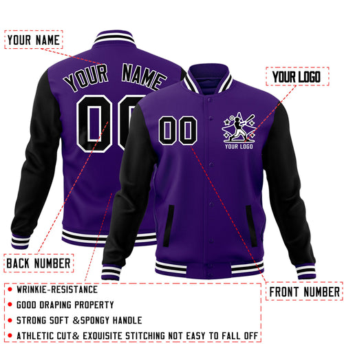 Custom Black Purple White Raglan Sleeves Full-Snap Letterman Jacket| KXKSHOP