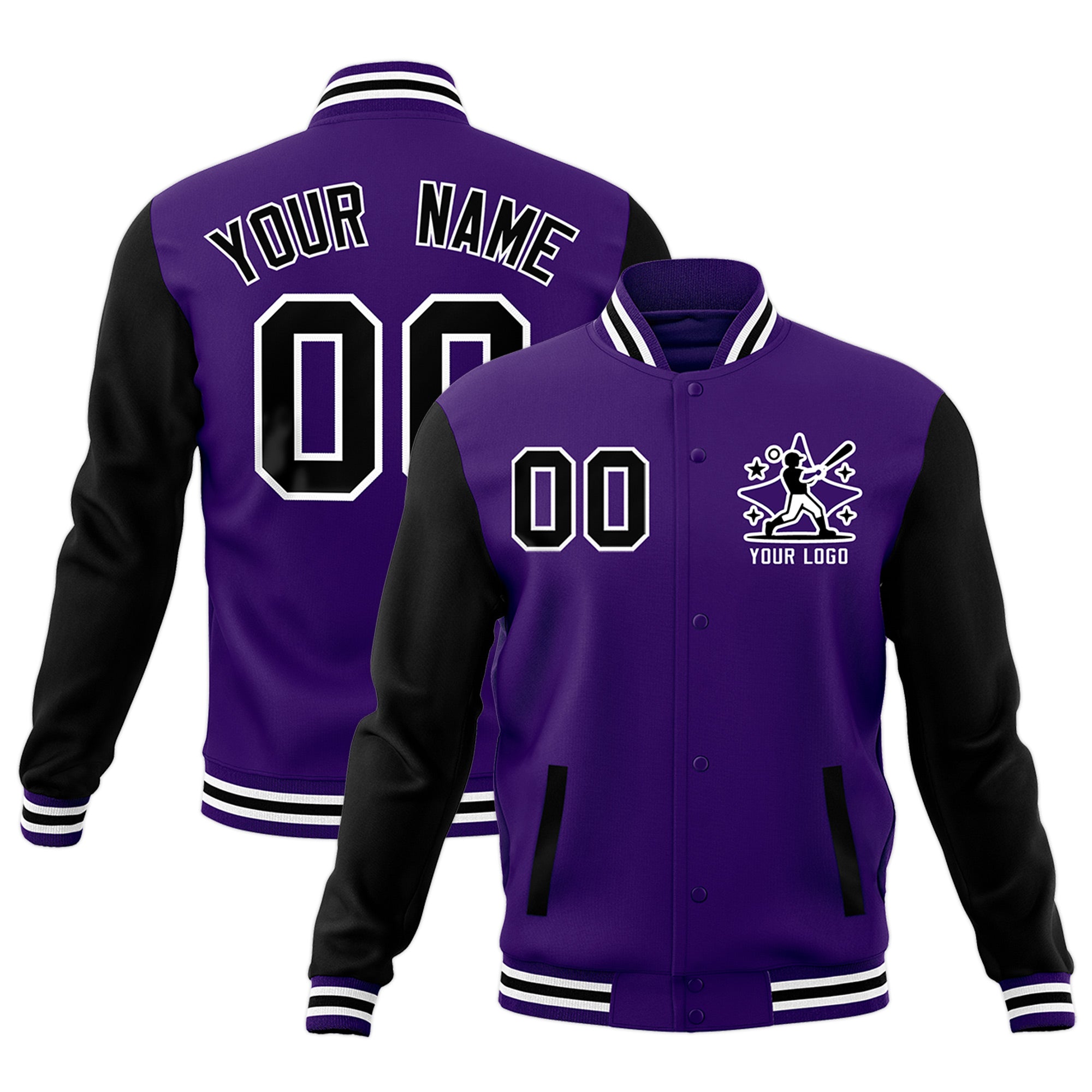 Custom Black Purple White Raglan Sleeves Full-Snap Letterman Jacket| KXKSHOP