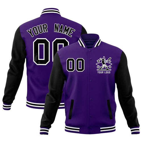 Custom Black Purple White Raglan Sleeves Full-Snap Letterman Jacket| KXKSHOP