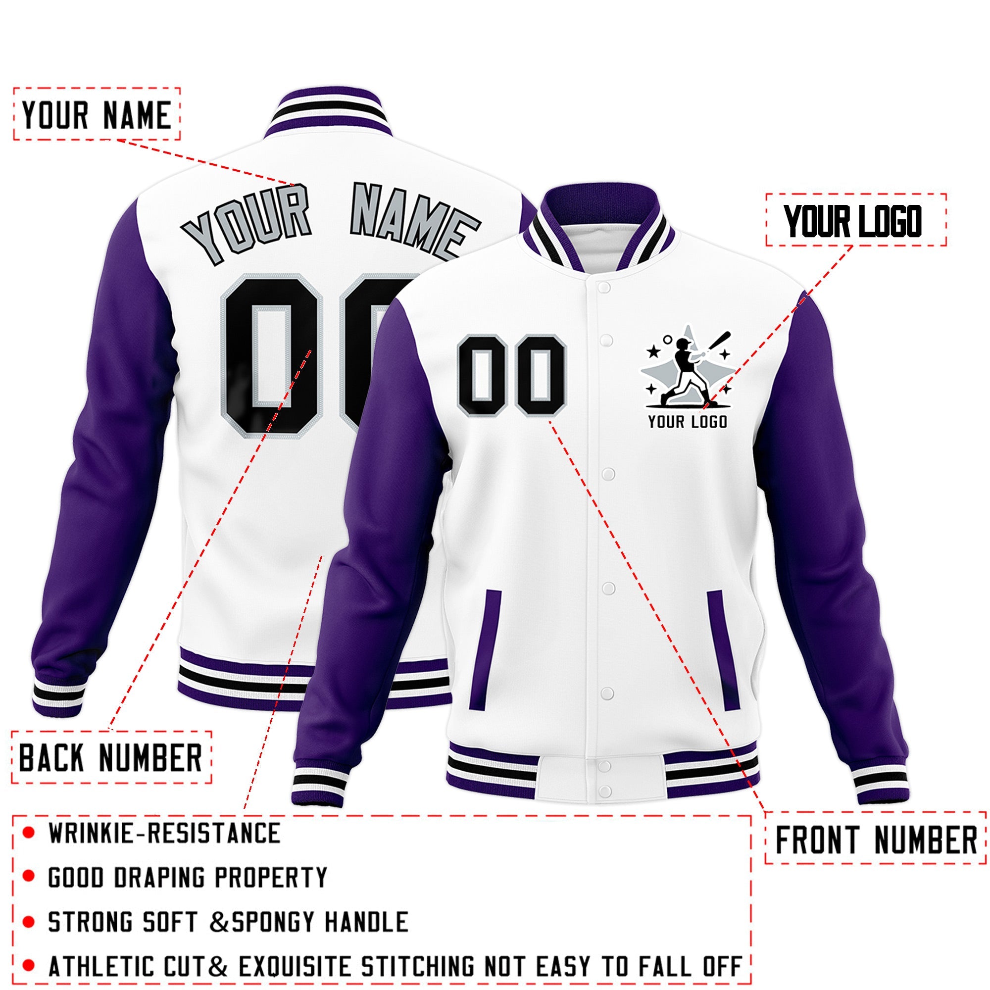 Custom White Purple Black Raglan Sleeves Full-Snap Letterman Jacket| KXKSHOP