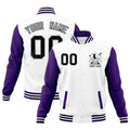 Custom White Purple Black Raglan Sleeves Full-Snap Letterman Jacket| KXKSHOP